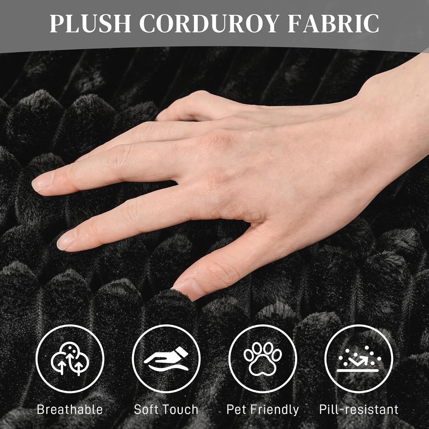 Modular Sectional Sofa Cloud Sectional Couch, 107" Comfy Fluffy U Shaped Black Couches for Living Room, Deep Seat Memory Foam Plush Corduroy Boneless Couch Sectionals with Left Facing Chaise Sofa