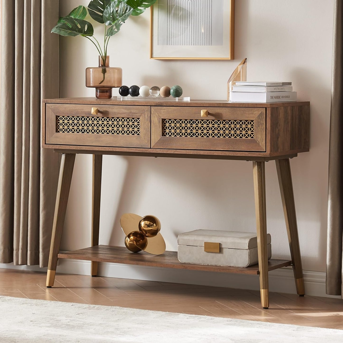 Narrow Sofa Table with Two Drawers and Shelf, Modern Style Wooden Console Table for Living Room, Entryway, Hallway, Rustic Oak