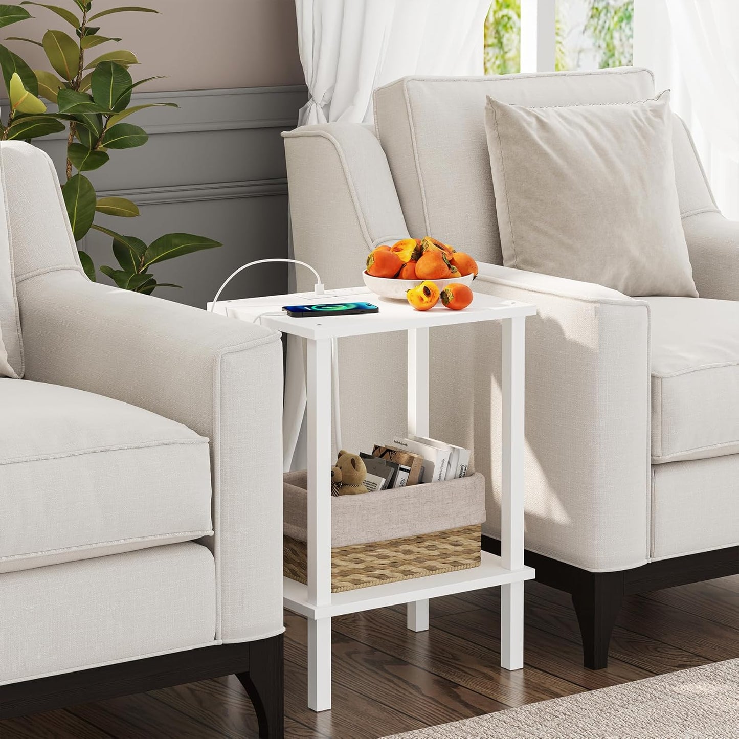 TUTOTAK End Table with Charging Station, Set of 2, Small Side Table with Outlets, Nightstand Bedside Table, 2-Tier Storage Shelf for Small Space, Living Room, Bedroom White TB01BW041