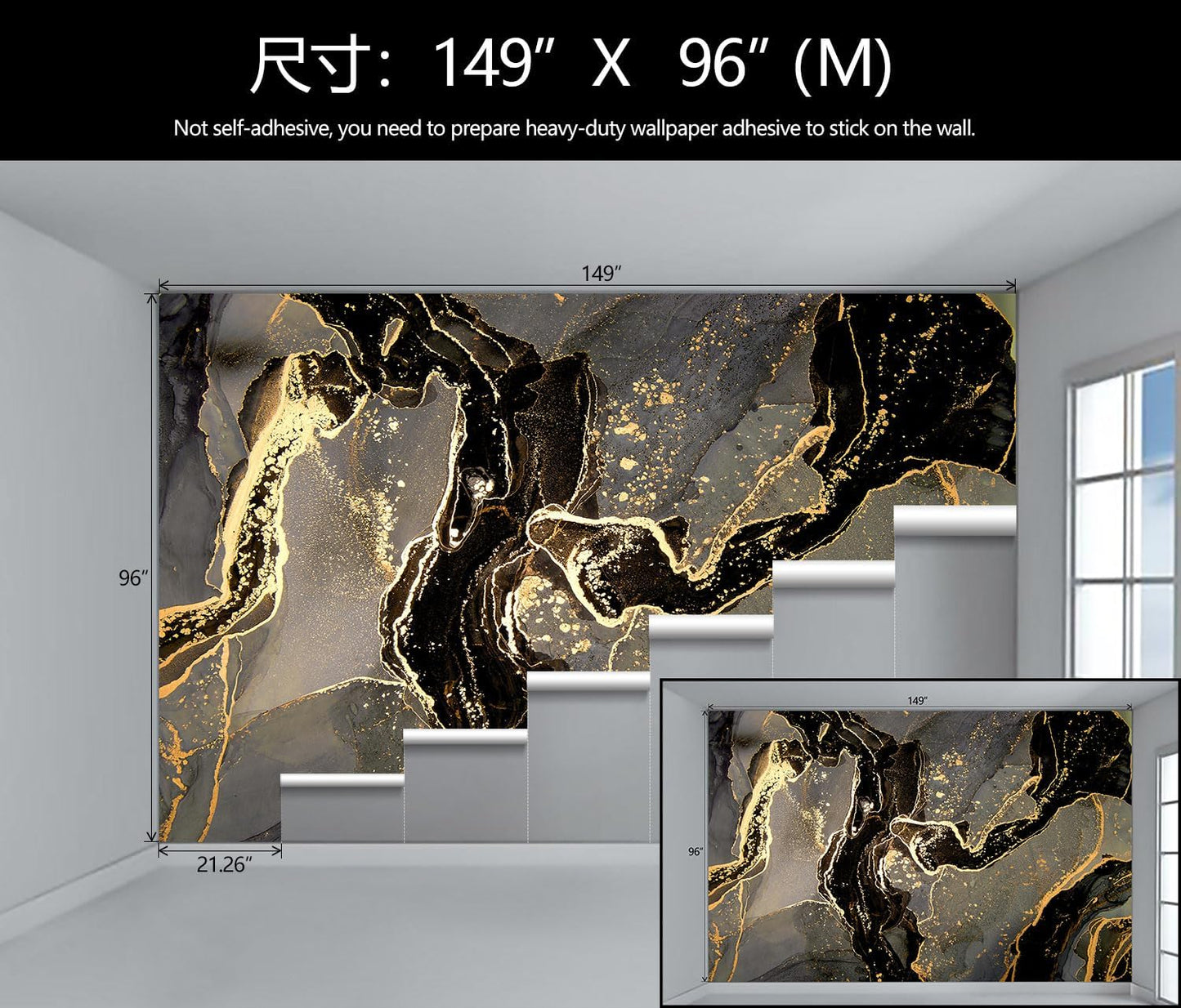 WFBHUA-Black and Golden Marble Wallpaper Modern Large Art Photo Wall Murals Living Room Bedroom Office (Not Peel and Stick)