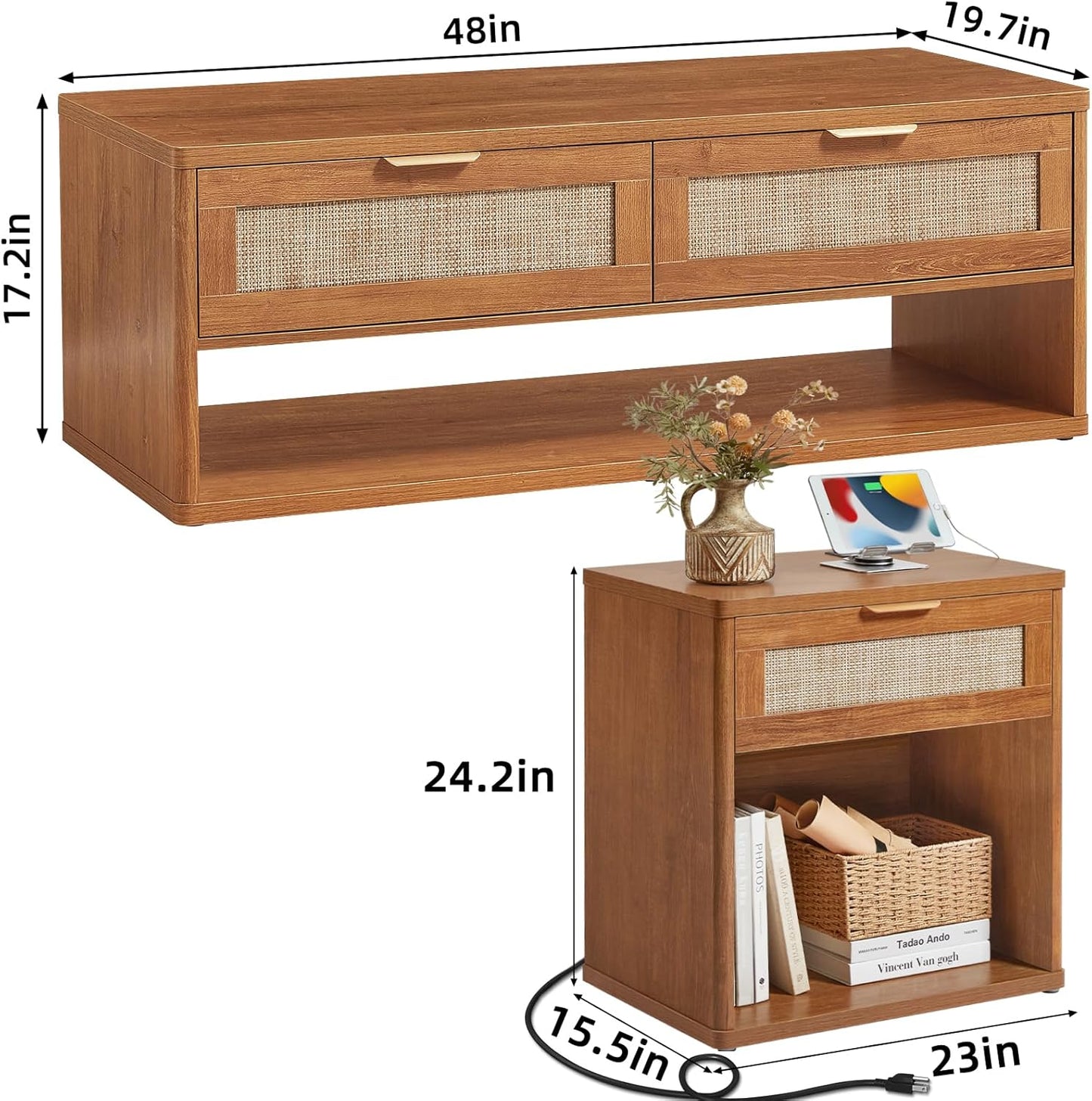 LEYAOYAO Boho Rattan Coffee Table Sets 3 Pieces, Nightstand with Charging Station and Coffee Table with Hidden Storage Compartment, Brown Living Room Table Set, Wood Furniture Sets for Home Office