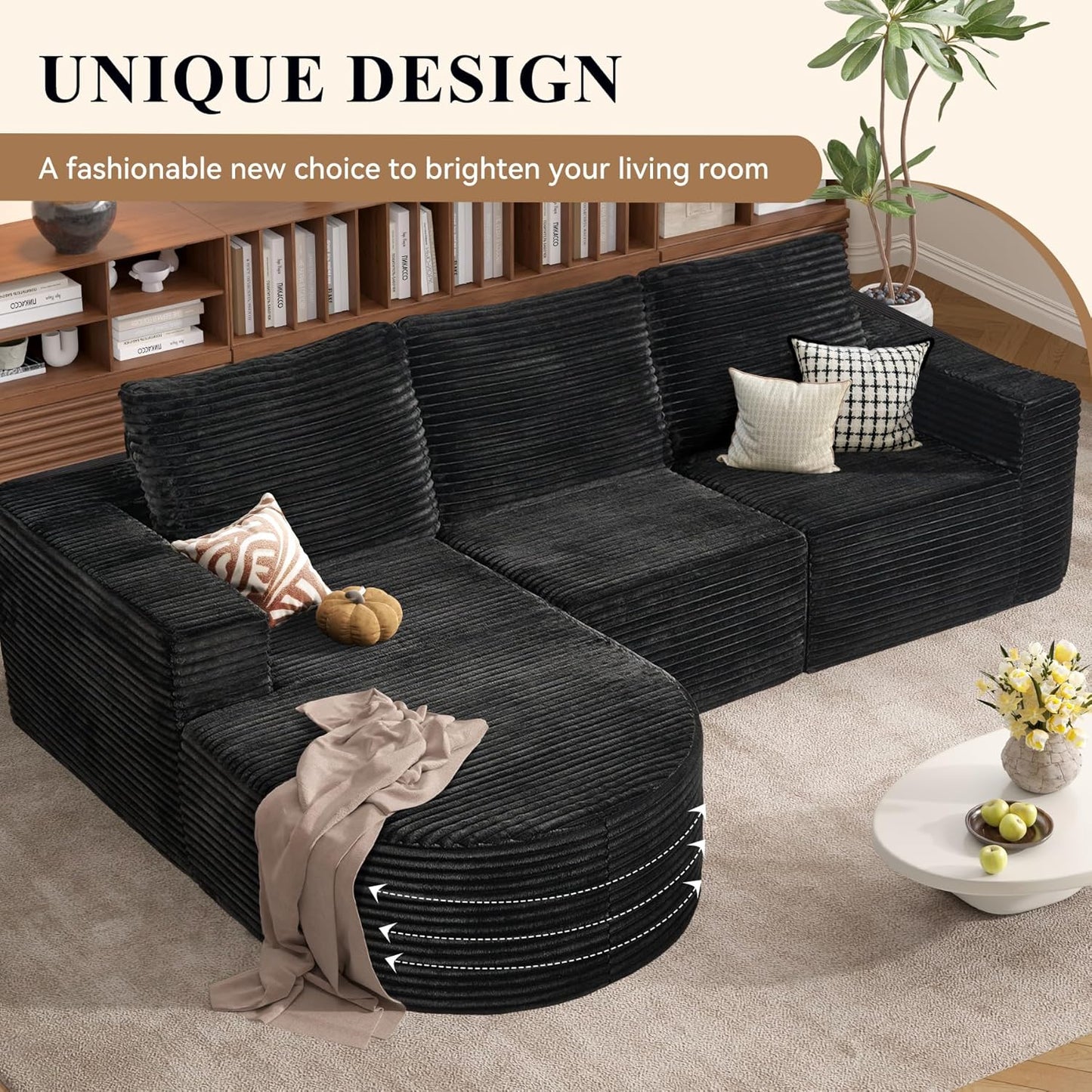 Modular Sectional Sofa with L-Shape Chaise,Cloud Sectional Modern Sleeper Couch with Deep Seat,Sponge Compression Sofas No Assembly Required(Plush Corduroy Fabric) 1PCS