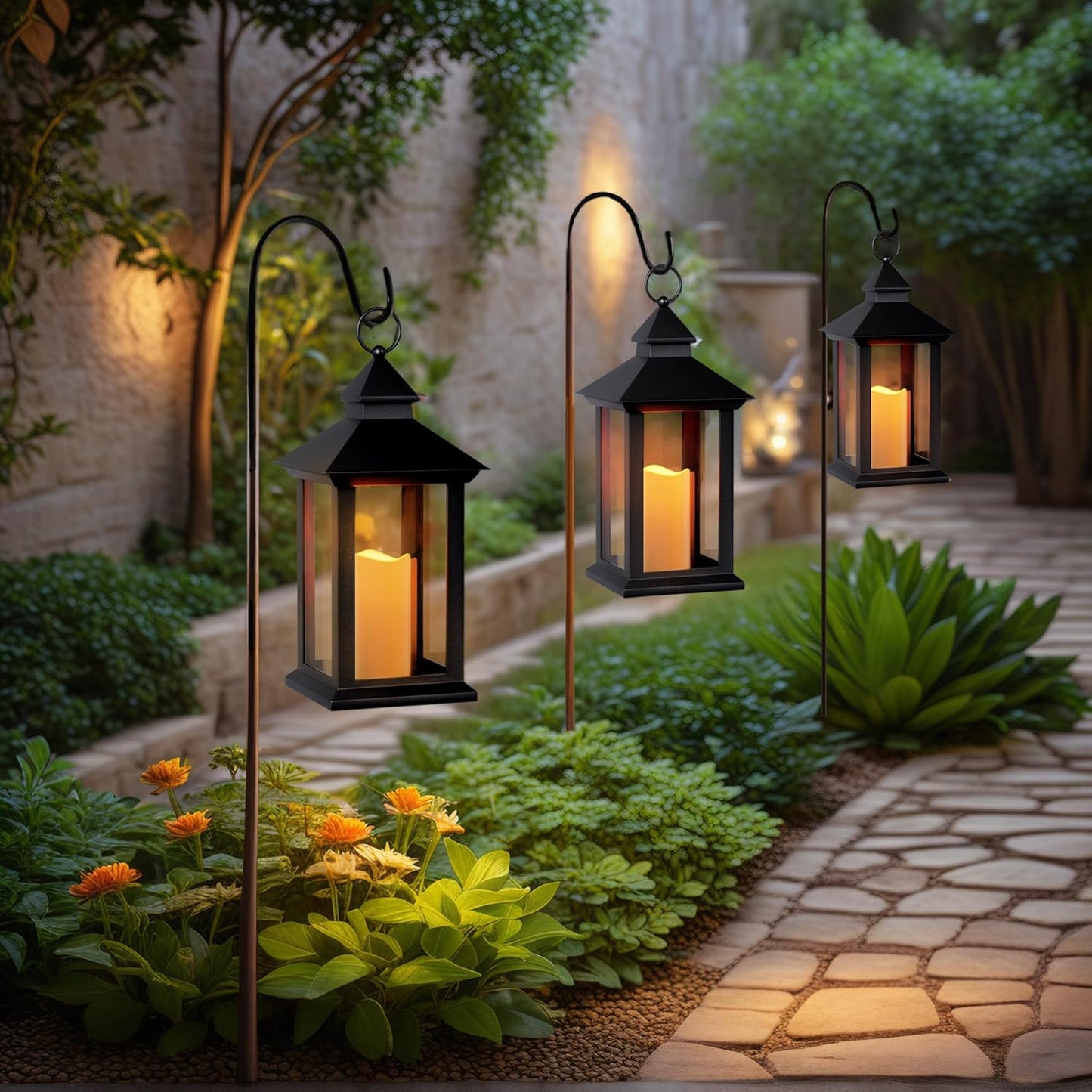 Lanterns Decorative Indoor, 1 Pack Black Outdoor Lantern with Timer, 14" Lantern Waterproof with Battery Operated Candle, Outdoor Hanging Lanterns for Porch, Patio, Wedding Decor