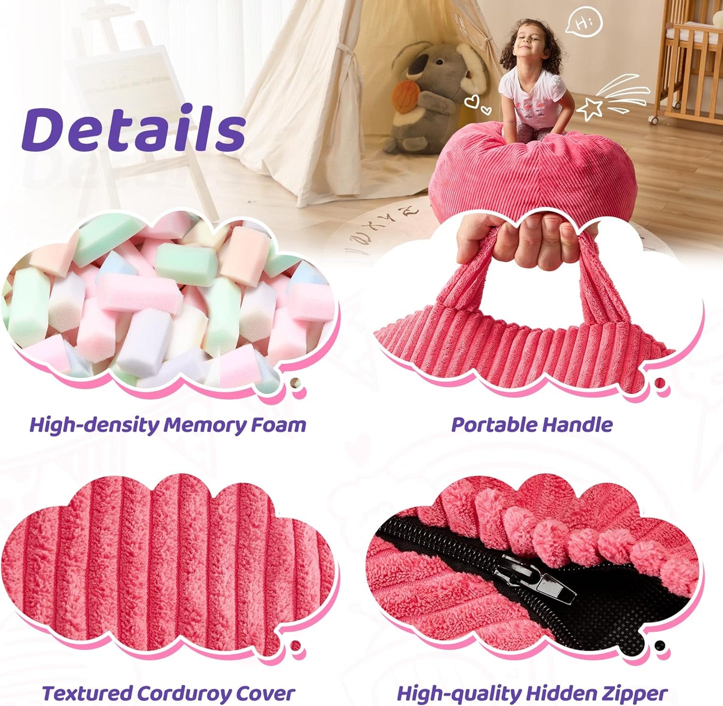 Bean Bag Chairs Teardrop Bean Bag Chair Beanbag Chair with Memory Foam Filled Machine Washable Cover for Living Room, Bedroom (Small,Pink)