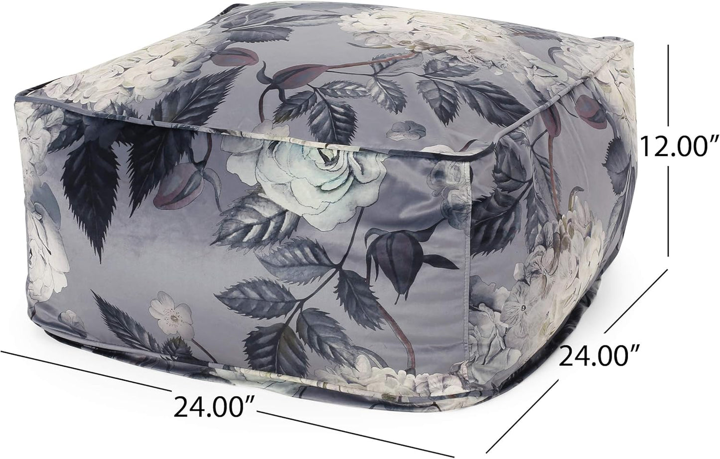 GDFStudio Traditional Velvet Flower Print Cube Pouf Ottoman Foot Stool - Bean Bag Floor Chair - Foot Rest Couch for Living Room Bedroom,Large Flower Print on Gray,24"" x 24"" x 12"", 314502N
