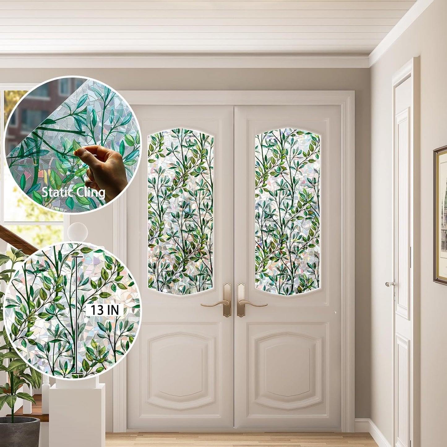 Rainbow Window Privacy Film 3D Leaf Decorative Stained Glass Window Film Anti UV Non-Adhesive Reusable 23.6" x 78.7" for Home Room Car Glass Cling