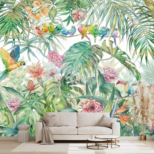 Tropical Green Botanical Flower Birds Leaf Wallpaper Bedroom Plant Floral Mural Room Decor Living Room tv Background Large Wall Mural - 91"x65" (Not Peel and Stick)