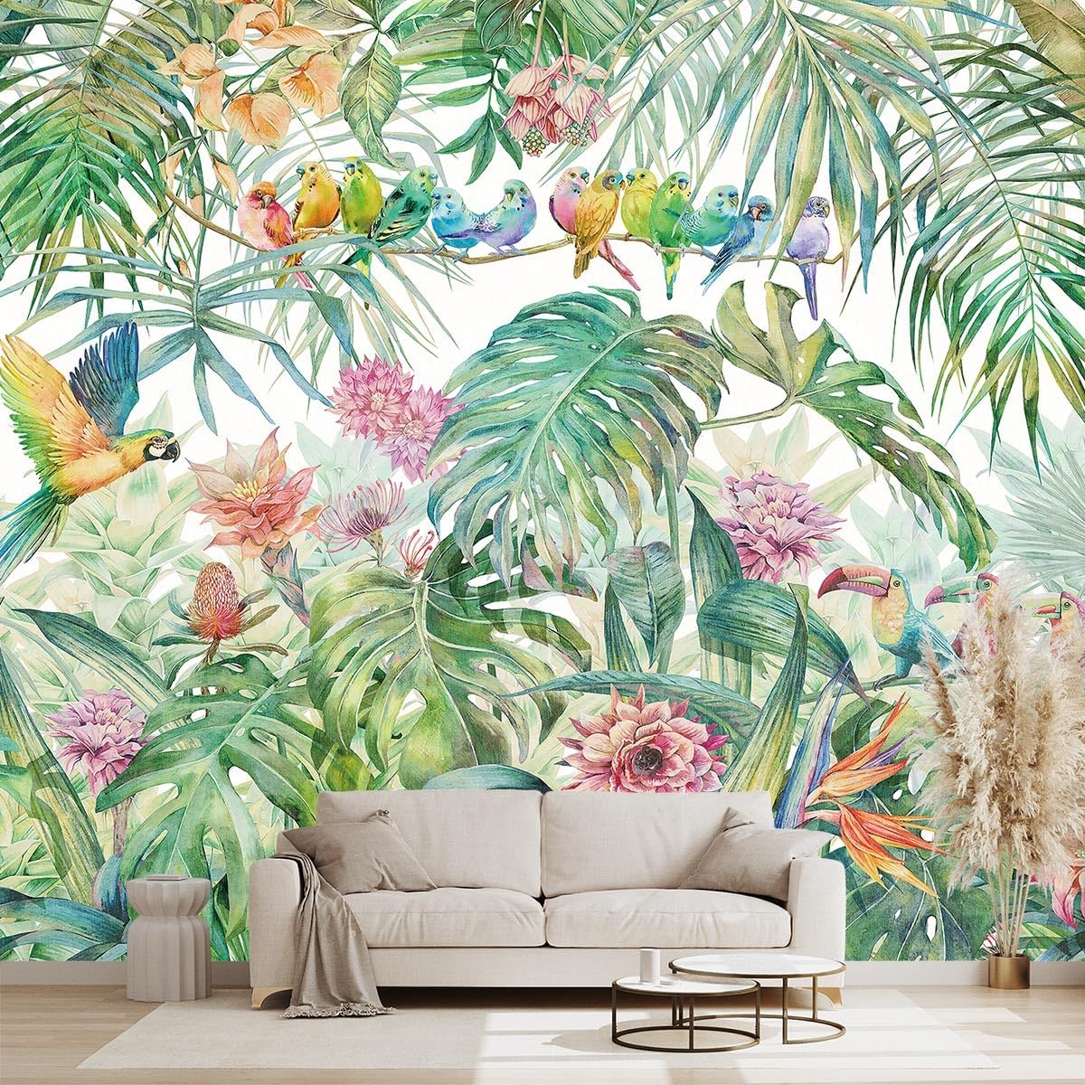 Tropical Green Botanical Flower Birds Leaf Wallpaper Bedroom Plant Floral Mural Room Decor Living Room tv Background Large Wall Mural - 137"x96" (Not Peel and Stick)
