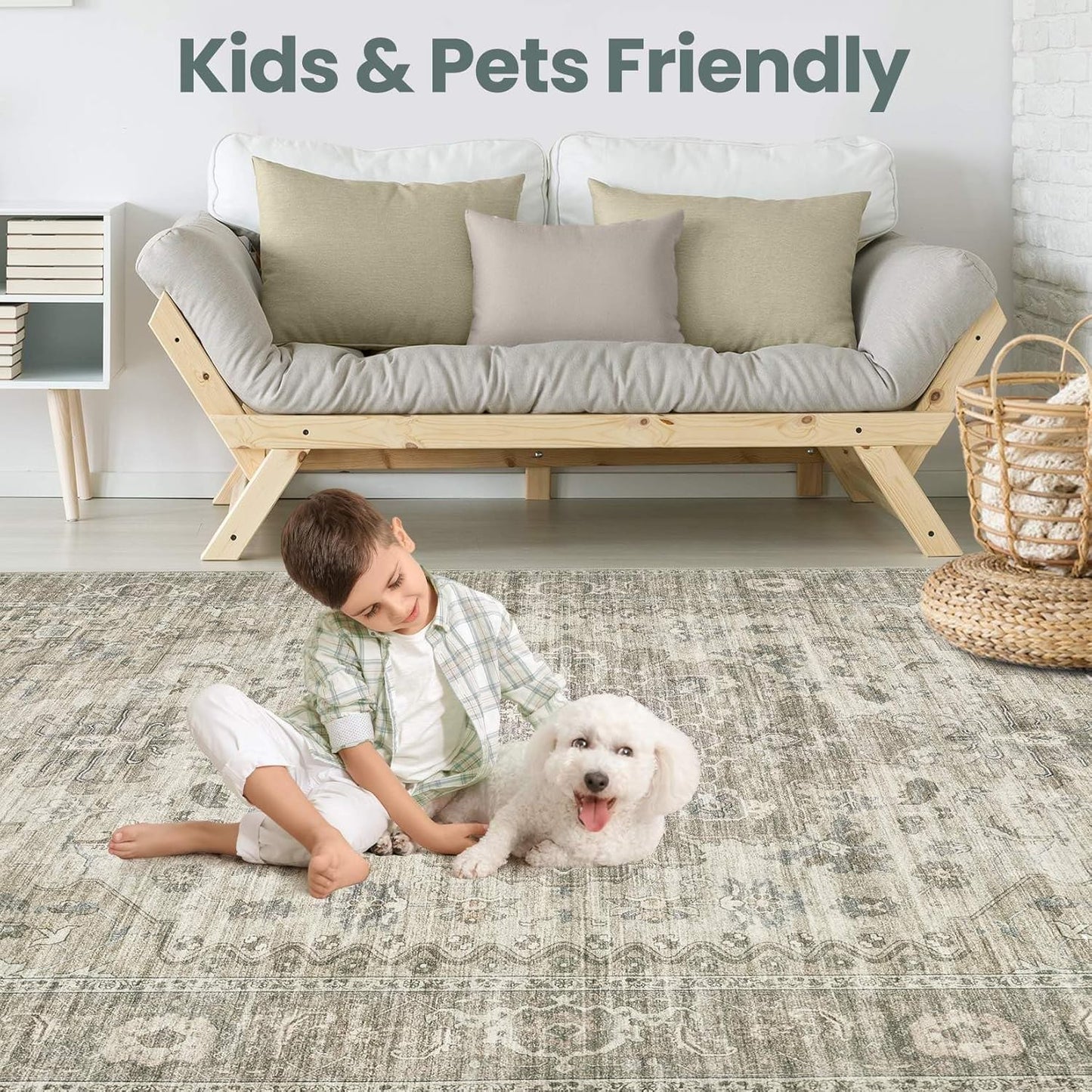 Washable Area Rugs for Living Room -9x12 Neutral Vintage Distressed Floral Farmhouse Boho Large Soft Floor Rug Indoor Non Slip Carpet for Living Room Bedroom Dining Room Office - Brown/Tan