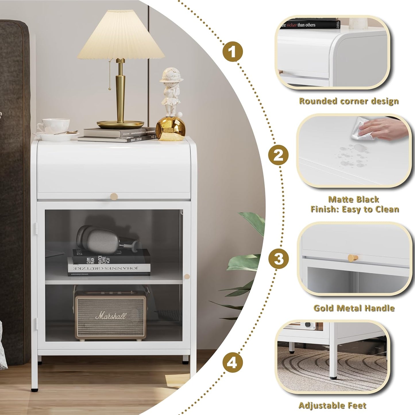 Modern Metal Side Tables, End Tables with Glass Door, 2-Tier Nightstands with Storage Shelves, Accent Table, Slim Sofa Table for Living Room, Bedroom (1, White)