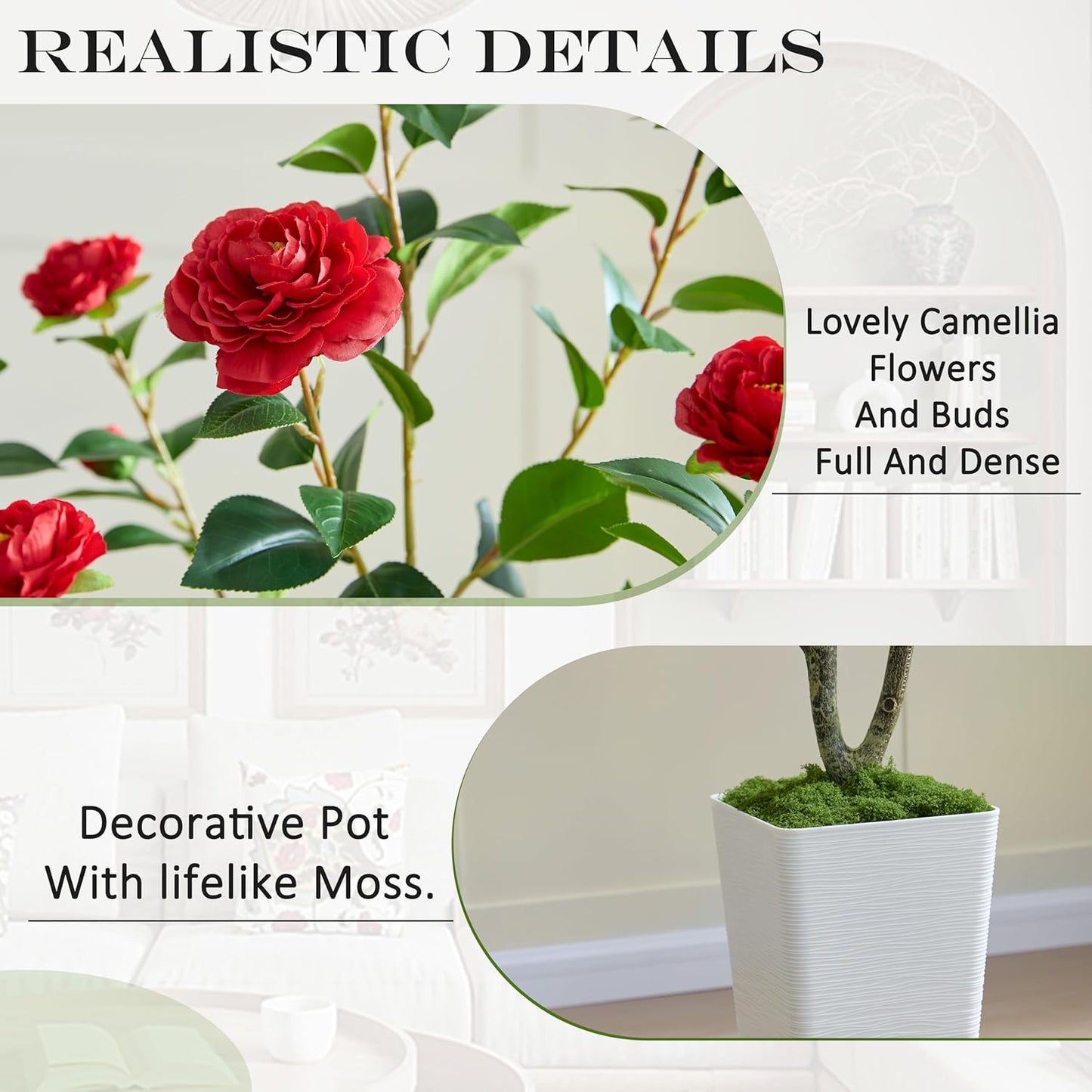 Artificial Camellia Tree 4FT Faux Trees Indoor Fake Floral Plant Blooming Tree with Red Flowers & White Tall Planter, Faux Camellia Plants for Porch Home Room Bedroom Office Front Door Outdoor Decor