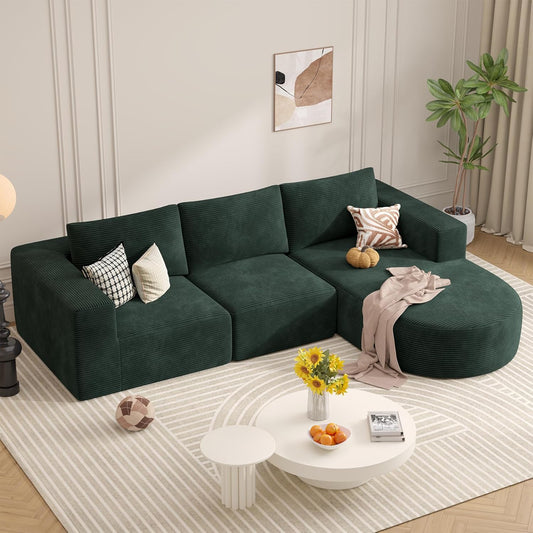 Modular Sectional Sofa with L-Shape Chaise,Cloud Sectional Modern Sleeper Couch with Deep Seat,Sponge Compression Sofas No Assembly Required(Green-Corduroy Fabric) 1PCS