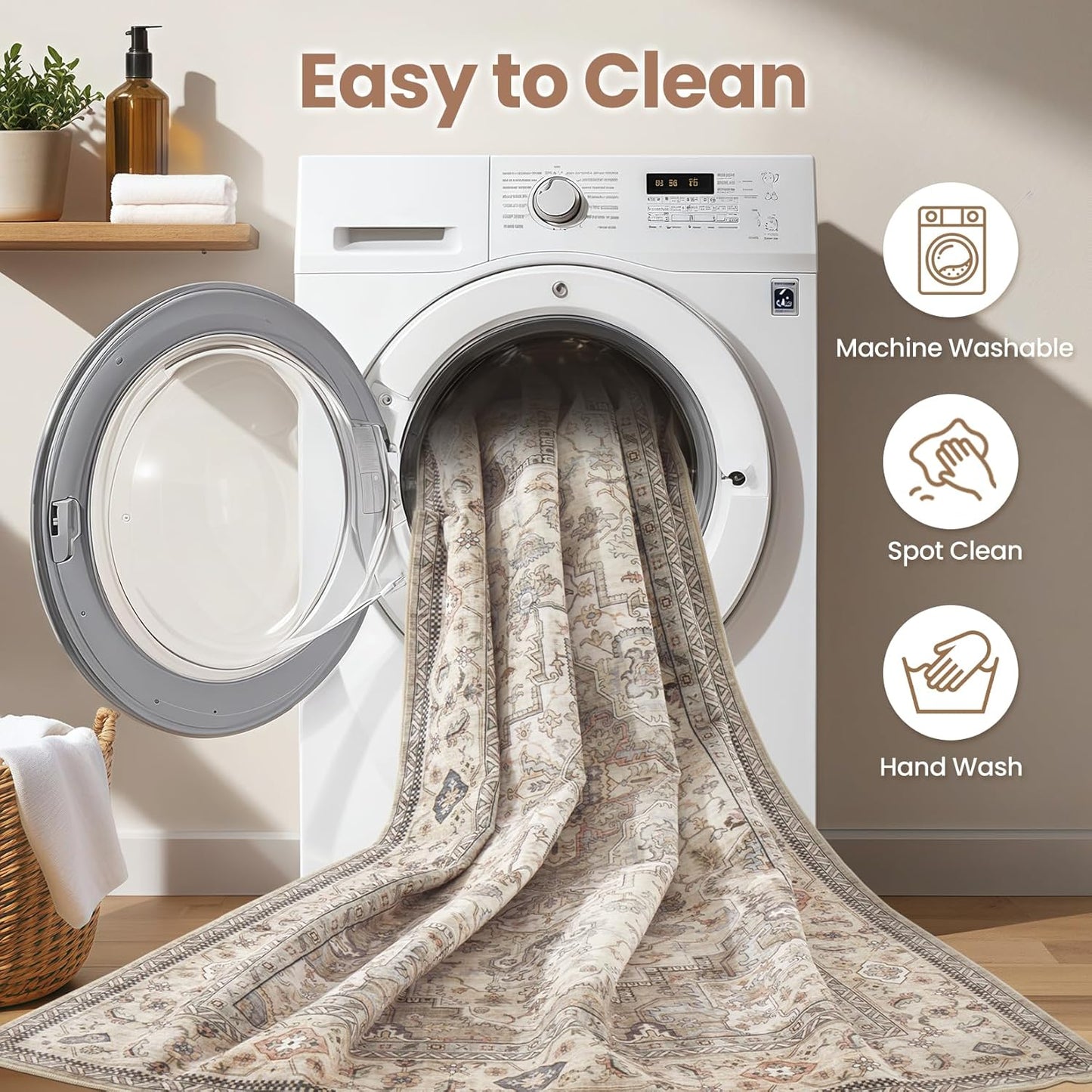 Washable Area Rugs for Living Room - 9x12 Neutral Vintage Distressed Floral Farmhouse Boho Large Soft Floor Rug Indoor Non Slip Carpet for Bedroom Dining Room Office - Brown/Multi