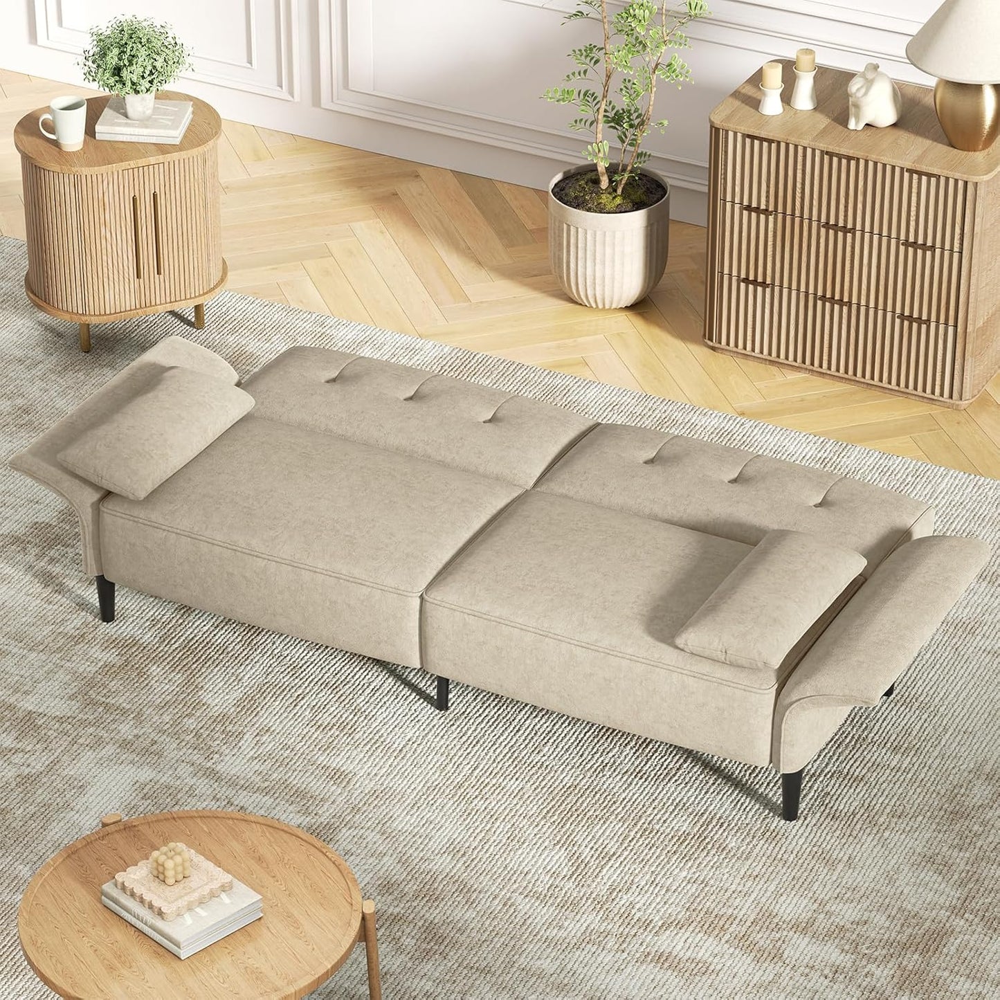 89” Futon Sofa Bed, Velvet Fabric Comfy Futon Couch Bed with 2 Square Pillows, Convertible Sleeper Sofa with Adjustable Backrest& Armrests, Modern Loveseat Sleeper for Living Room, Beige