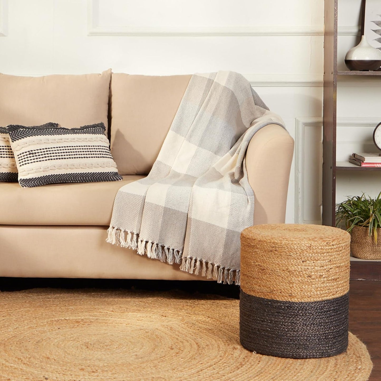 REDEARTH · Cylindrical Pouf Foot Stool Ottoman - Jute Braided Pouffe Poof Accent Sitting Footrest for The Living Room, Bedroom, Nursery, Patio, Lounge & Other Rooms (14.5”x14.5”x16”; Natural Gray)