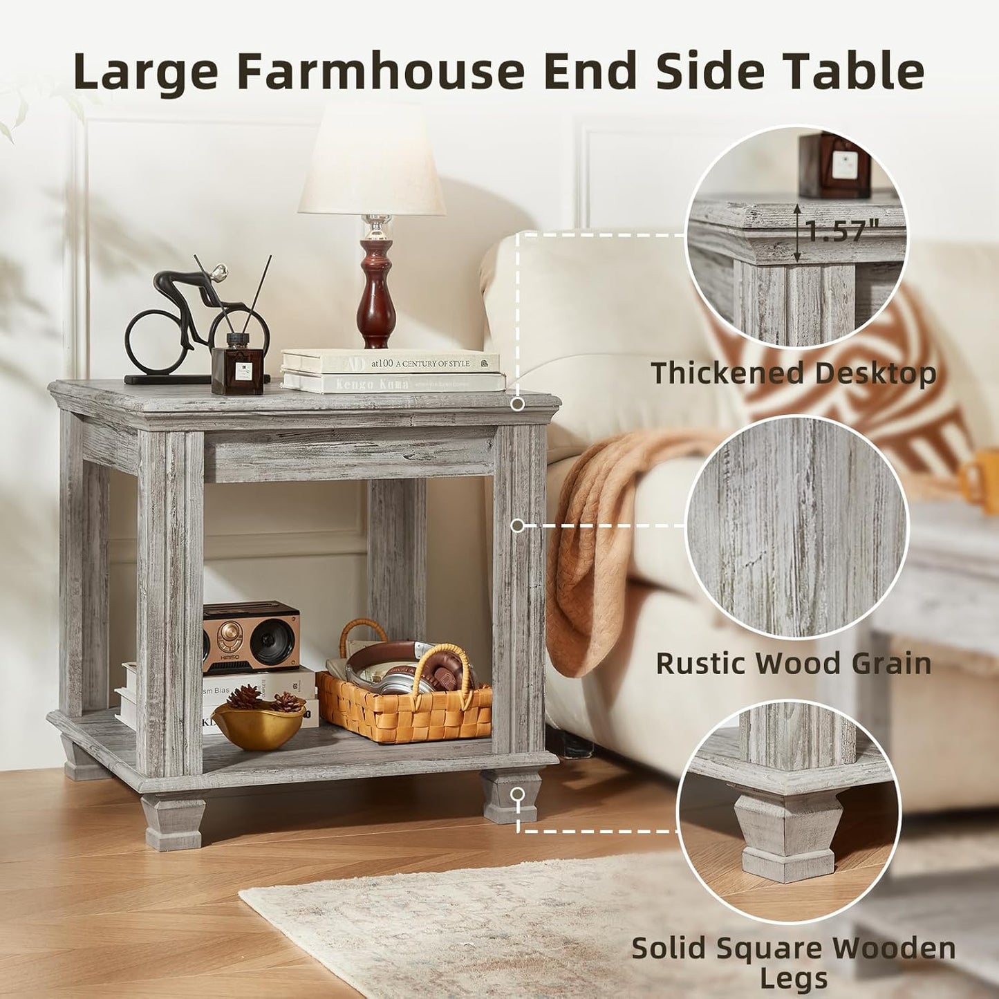 Farmhouse End Table Set of 2,Large Side Table with 2-Tier Storage Shelf,Rustic Wood End Tables for Living Room,Square Tea Table,Gray