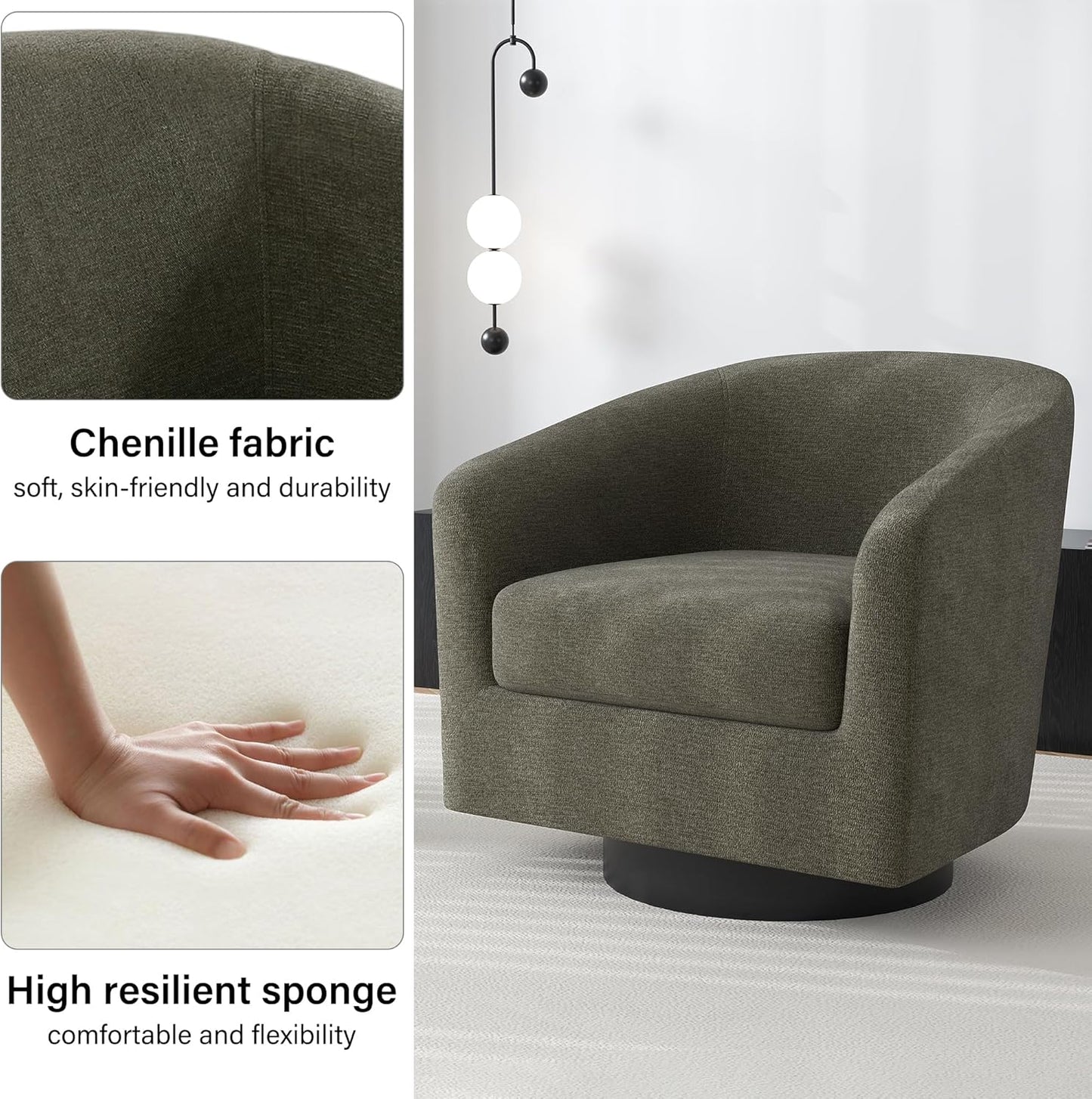 Swivel Barrel Accent Chair, Modern Round Chenille Fabric Arm Chair for Living Room, Bedroom, Comfy Club Reading Chairs for Adults（Chenille Fabric, Tan, Set of 2