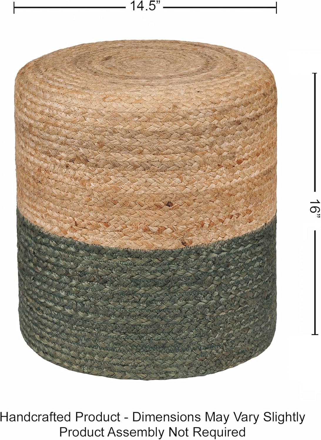 REDEARTH · Cylindrical Pouf Foot Stool Ottoman - Jute Braided Pouffe Poof Accent Sitting Footrest for The Living Room, Bedroom, Nursery, Patio, Lounge & Other Rooms (14.5”x14.5”x16”; Natural Olive)