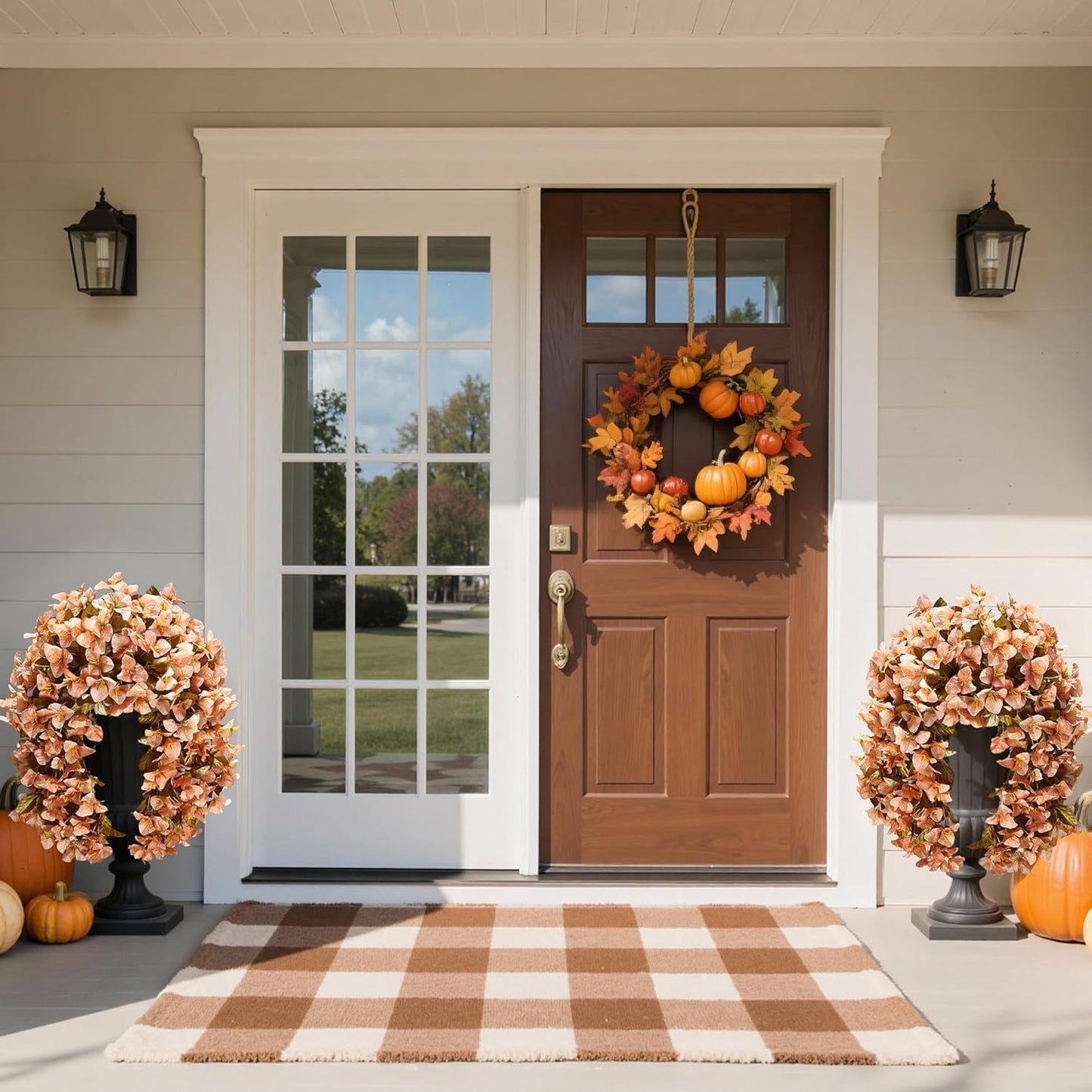 Bougainvillea Artificial Flowers Plants for Outdoors Outside Fall Autumn Decoration, 2 pcs Faux Silk Long Trailing Vines UV Resistant Look Real Brown Fake Flowers for Front Door Porch Planter Urn Yard