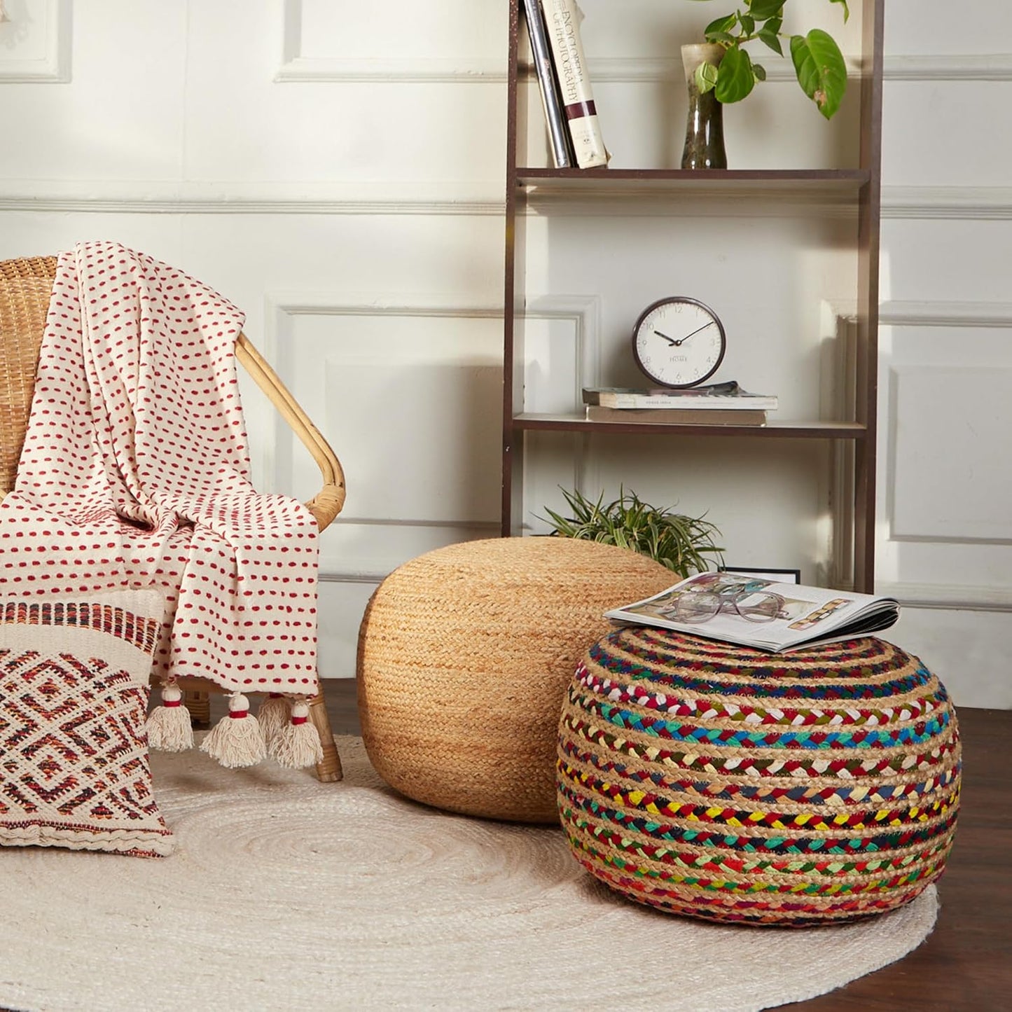 REDEARTH · Round Pouf Ottoman - Braided Boho Poof Home Décor Pouffe Accent Sitting Circular Foot Rest for Living Room, Bedroom, Nursery, Lounge; Jute and Cotton Set of 2 (19.5"x19.5"x14"; Multi)