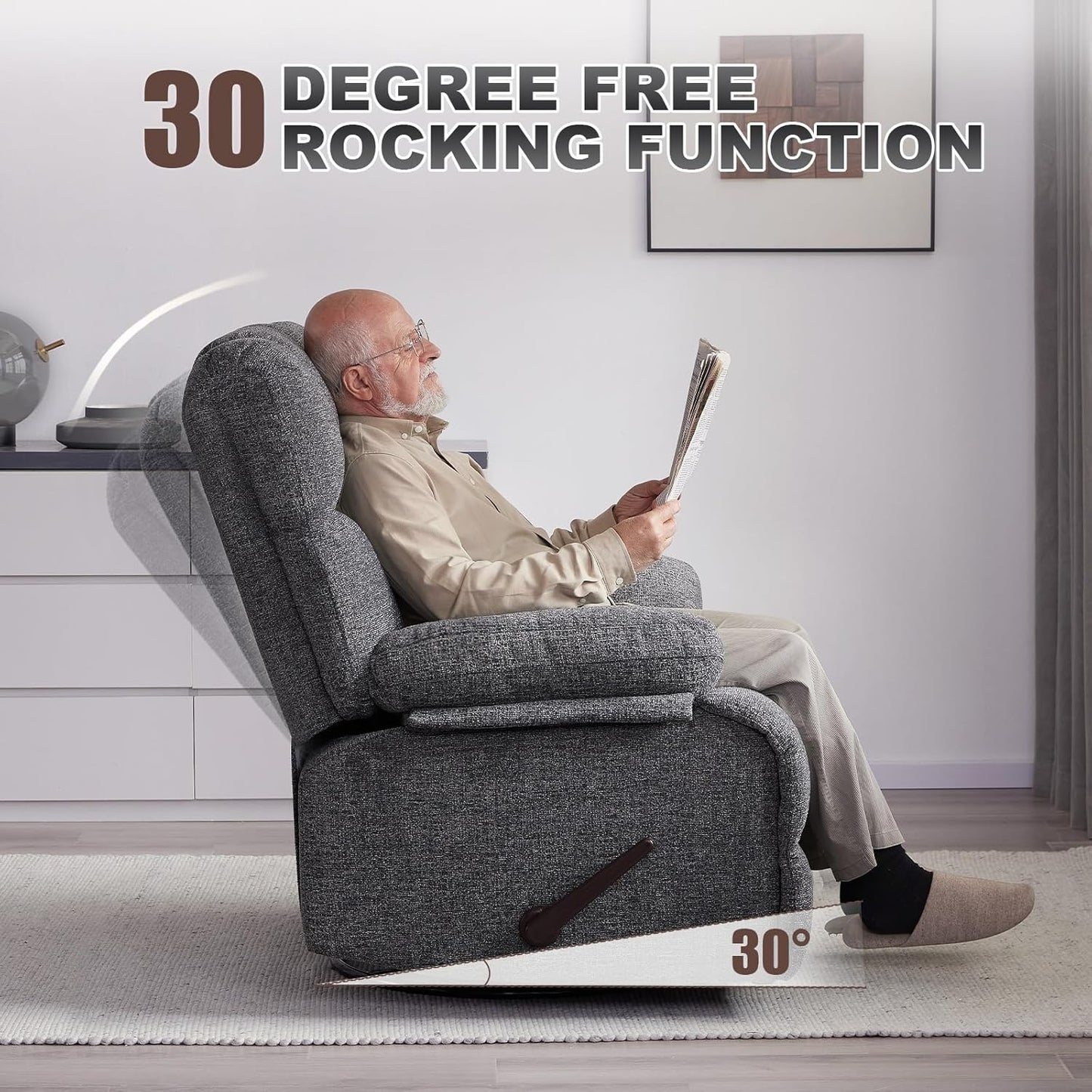 Oversized Swivel Rocker Recliner Chair for Adult, Rock Recliner for 350lb Big Man, Extra Wide Manual Recliners, Overstuffed Soft Rocking Sofa Chair,Light Grey