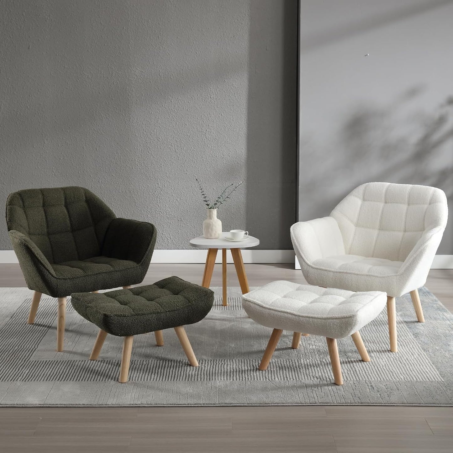 Modern Sherpa Accent Chair with Ottoman Set of 2, Fluffy Upholstered Lounge Chair with Footrest, Comfy Living Room Side Boucle Armchair for Small Space Bedroom, White