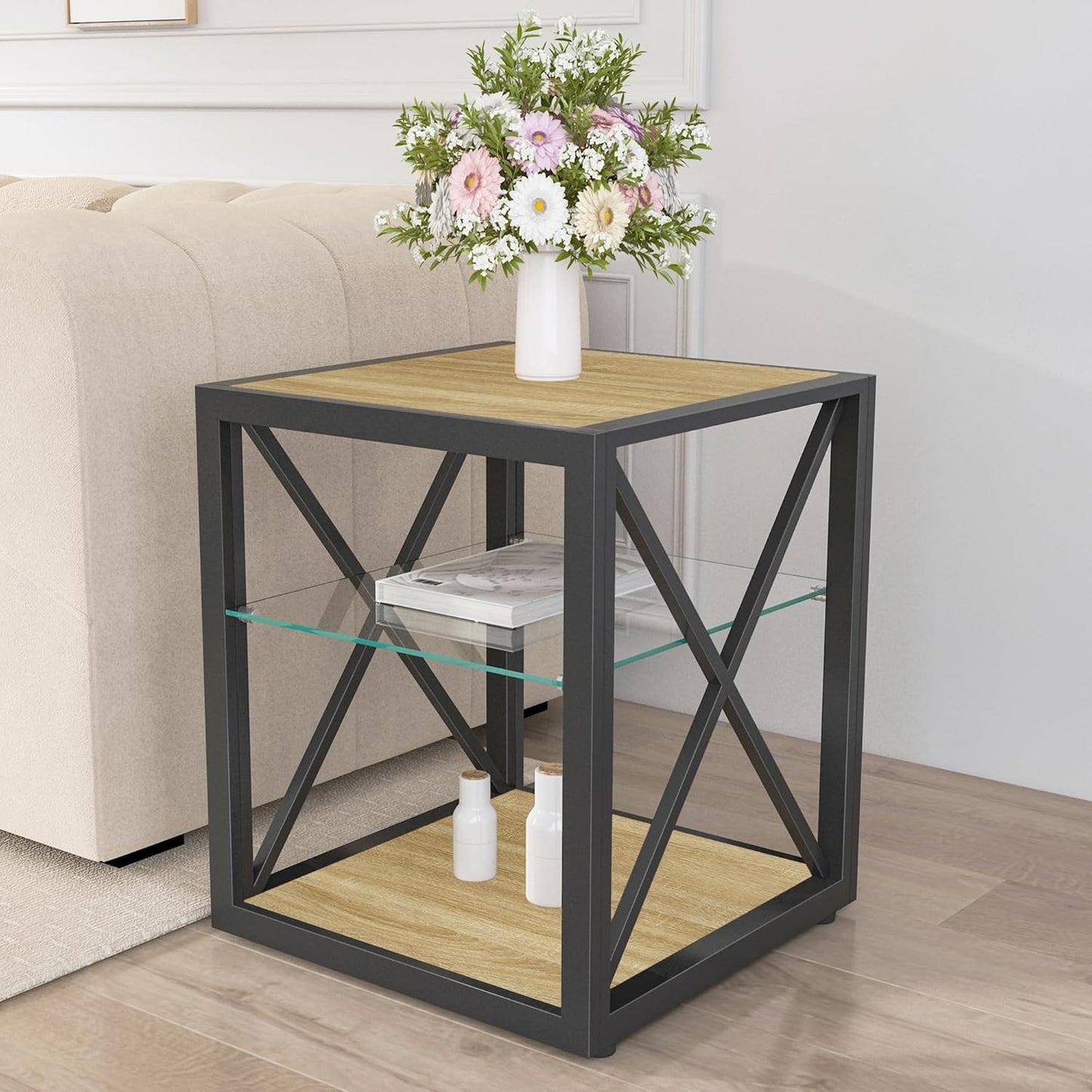 Farmhouse End Table, Modern Side Table with 3-Tier Storage Shelf, Square Rustic Nightstand, Accent Tea Table, for Bedroom Office Living Room, Brown, Natural Wood, Glass, Metal