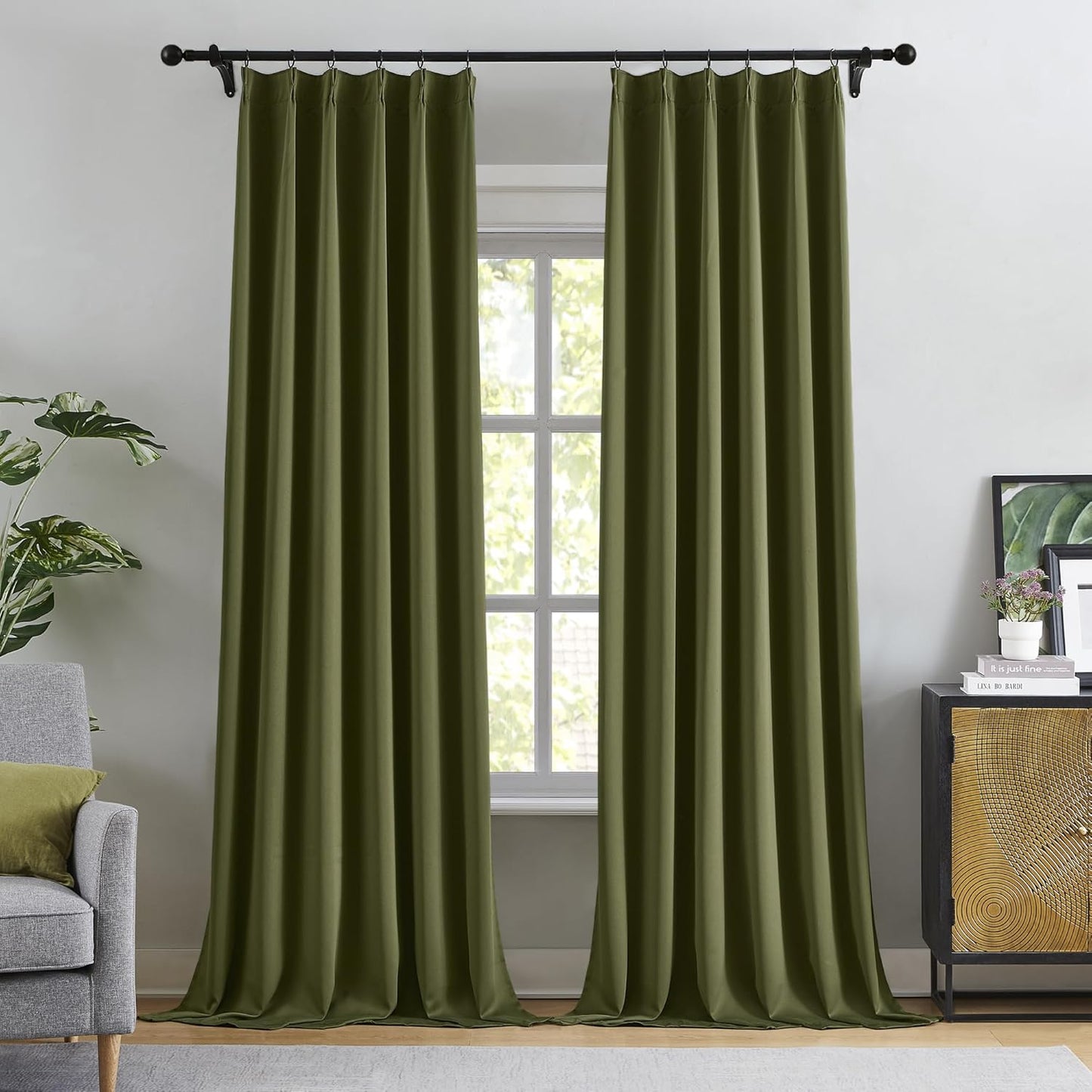 KangBang Olive Green Pinch Pleated Blackout Curtains 120 Inches Long for Hall Windows, Sound Dampening Light Blocking Modern Window Panels Ceiling to Floor for Villa 2 Panels, 40Wx120L
