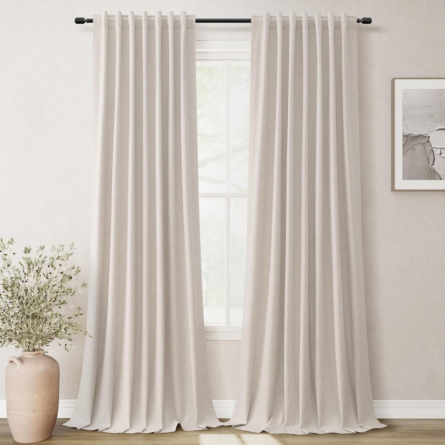 BOODII Sand Beige Linen Blackout Curtains for Bedroom 84 Inch Length 2 Panels Set Room Darkening Curtains Black Out Curtain Neutral Thermal Insulated Living Room Nursery Drapes Back Tab 52x84