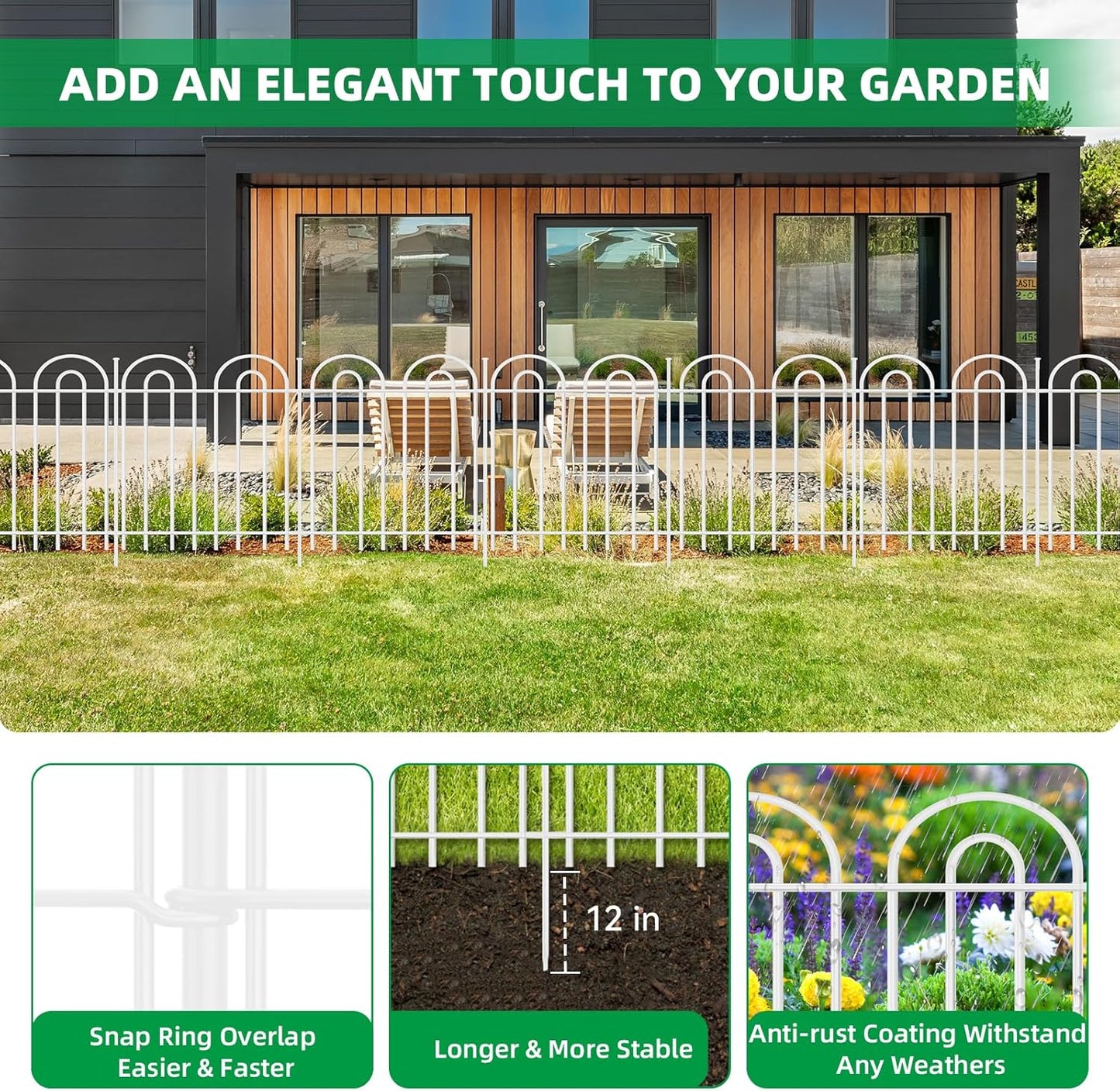 25 Panels Decorative Garden Fence, 32 in(H) X 50 ft(L) No Dig Dog Fence Outdoor for Yard, Rustproof Tall Metal Garden Fencing Animal Barrier with Ground Stakes, Temporary Fencing for Patio, White