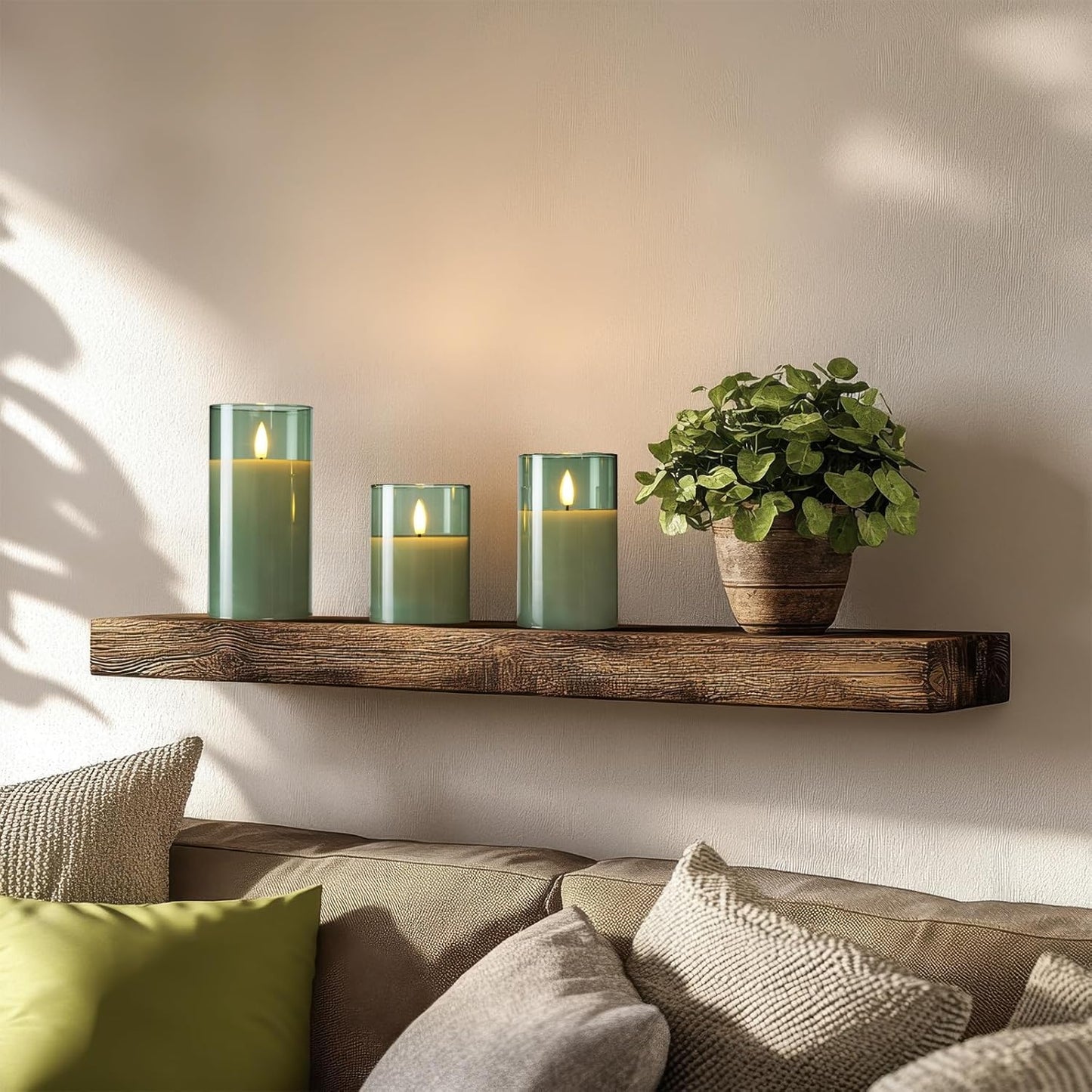 Amagic Green Glass Flameless Candles with Remote and Timer, Real Wax Battery Operated Candles, Flickering Electric LED Pillar Candles for St. Patrick's Day, Christmas Party Decor, Set of 3