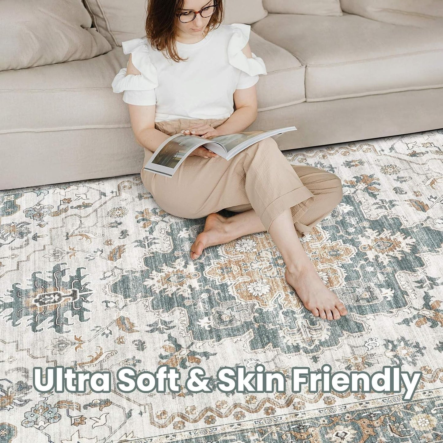 Washable Area Rugs for Living Room - 7x9 Neutral Vintage Distressed Floral Farmhouse Boho Large Soft Floor Rug Indoor Non Slip Carpet for Living Room Bedroom Dining Room Office - Green/Grey