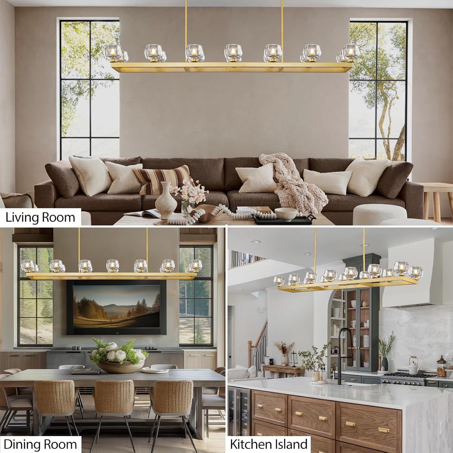 72 Inch Brass Rectangle Wagon Wheel Chandeliers, Gold Chandelier for Dining Room Over Table, Modern Crystal Long Chandelier for High Ceiling, Farmhouse Large Linear Chandeliers for Kitchen Island