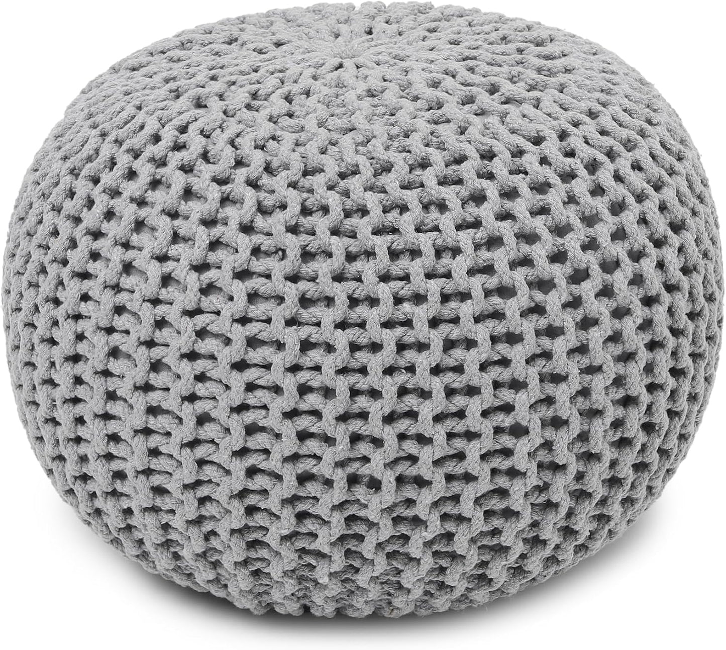 REDEARTH Round Boho Pouf Ottoman - Cable Knitted Cord Boho Pouffe - Stuffed Poof Accent Beanbag Footrest for Living Room - Nursery - Bedroom - Covered Patio - Study Nook (18”x18”x14”) - Gray-S