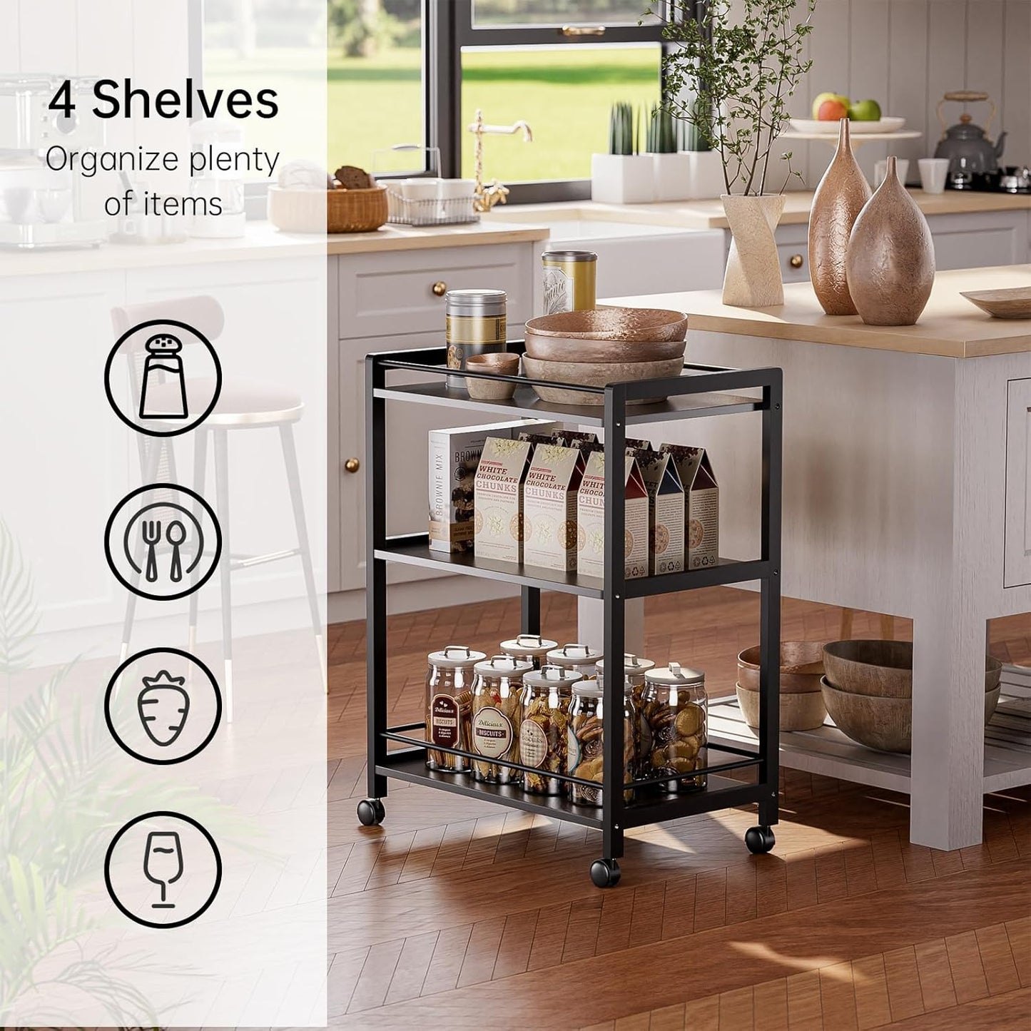 HITNET Bar Cart Black, Serving Cart for Home, 3 Tier Drinks Cart with Wheels, Rolling Beverage Cart for Kitchen Dining Living Room