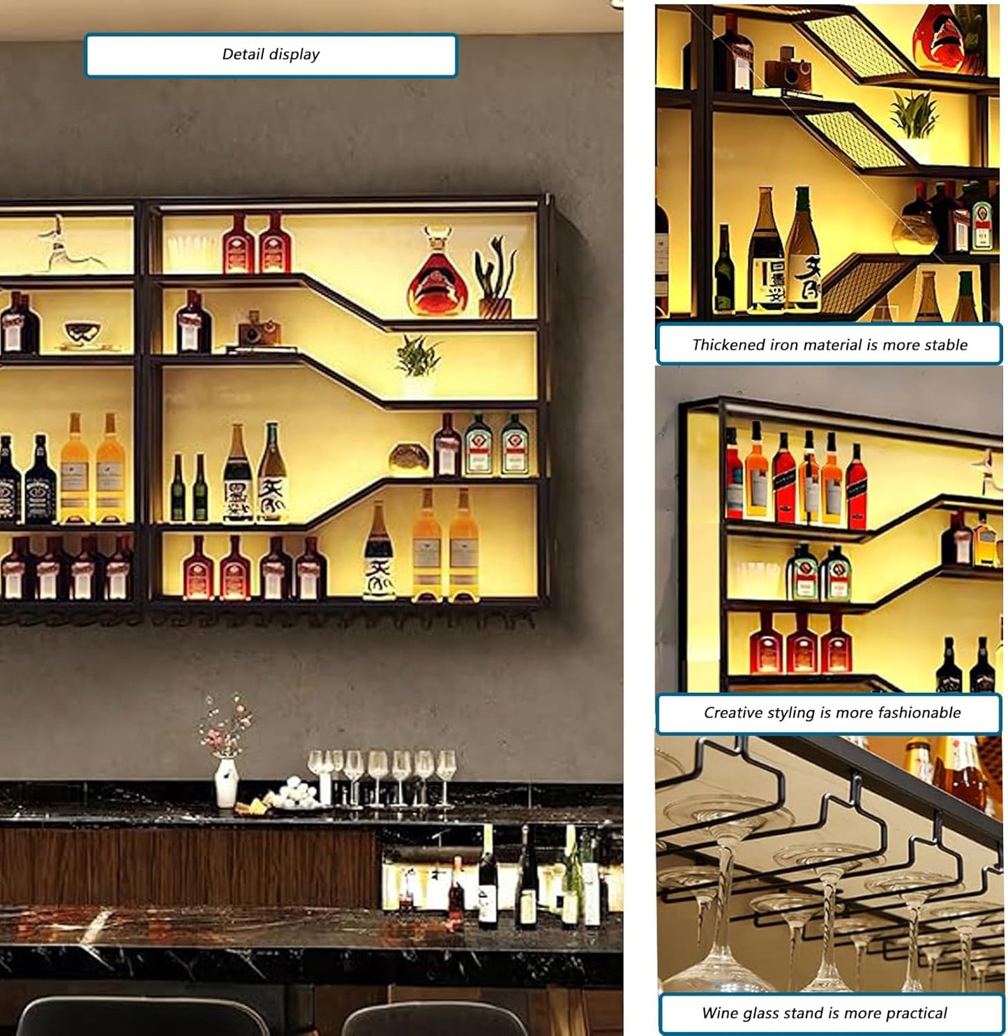 105in Large Wall Mounted Wine Rack with LED Light, 5-Tiers Liquor Bottles Display Shelf with Glasses Holder, Metal Home Bar Shelves with Iron Frame for Kitchen Dining Room (Black, 105in/8.72ft)