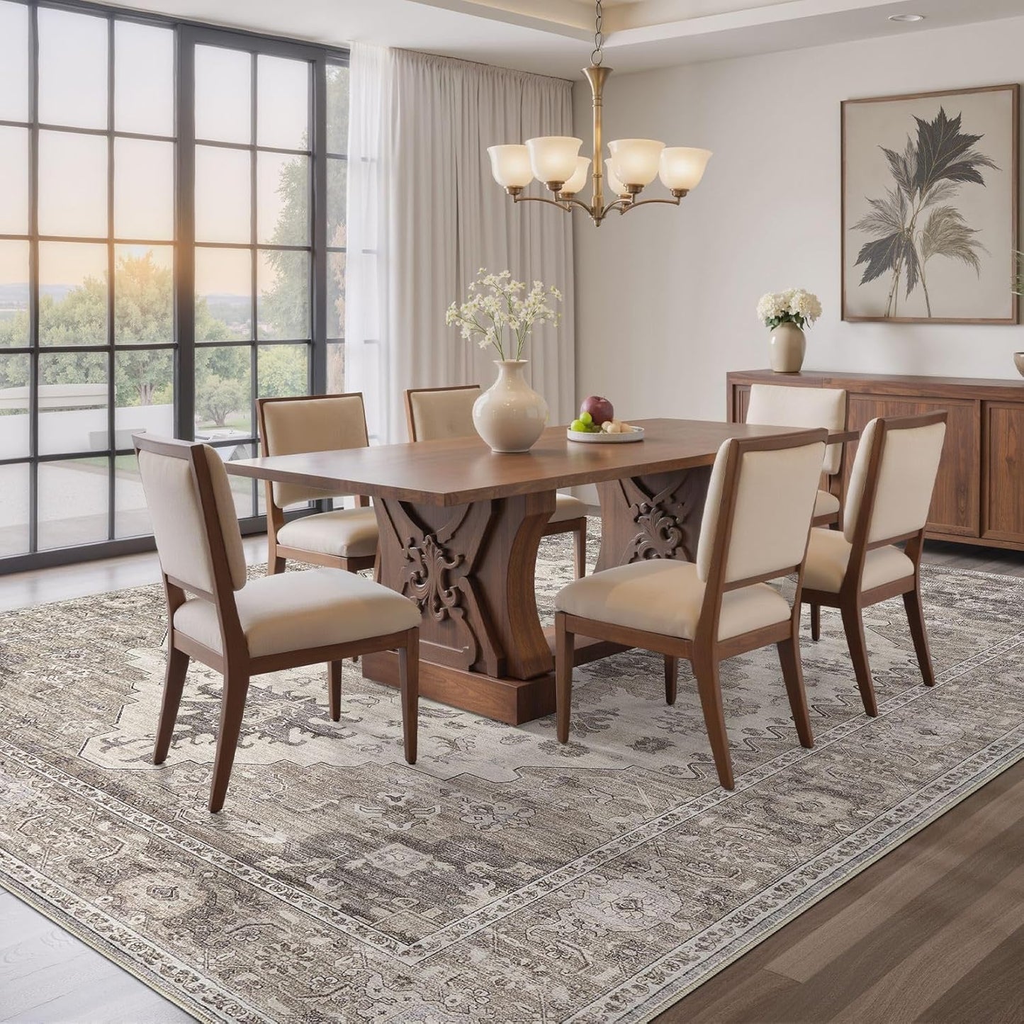 Washable Area Rugs for Living Room - 10x14 Neutral Vintage Distressed Floral Farmhouse Boho Large Soft Floor Rug Indoor Non Slip Carpet for Living Room Bedroom Dining Room Office-Brown/Beige