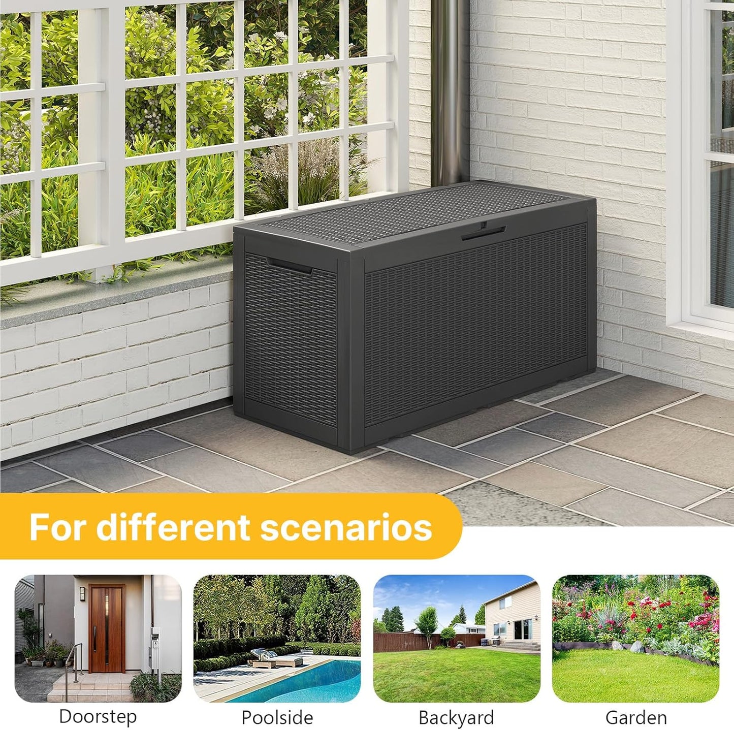 100 Gallon Deck Box Outdoor Waterproof, Rattan Outdoor Storage Box, Patio Storage Boxes for Cushions, Pillow, Garden Tools, Equipment
