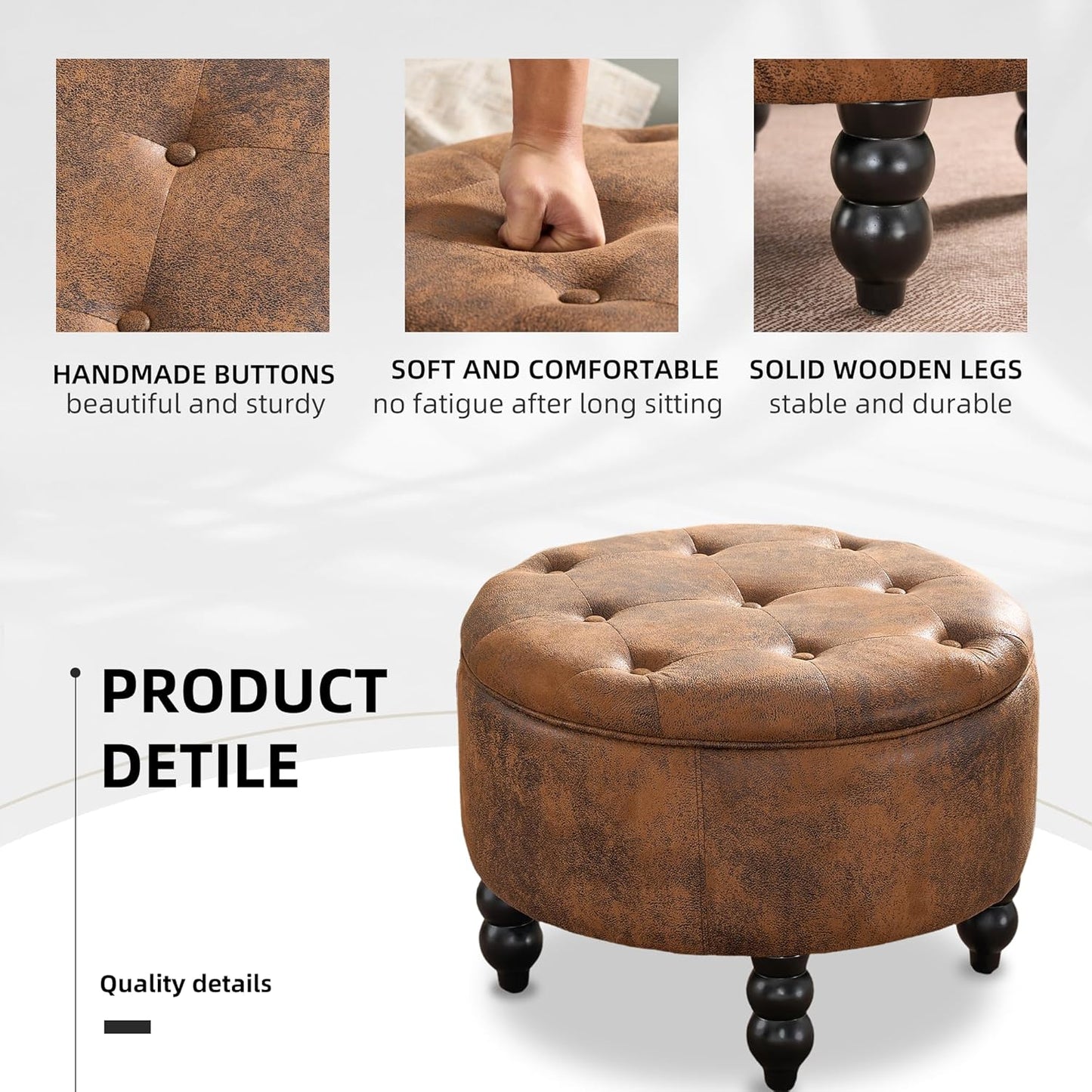 PU Leather Round Ottoman with Storage, Upholstered Tufted Storage Footstool, Modern Wooden Coffee Table for Living Room, Bedroom,Light Brown(PU)