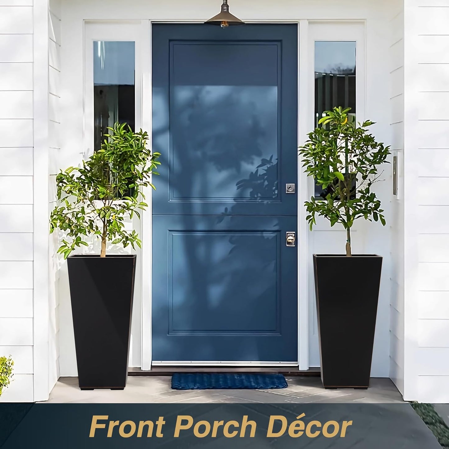 26 Inch Planter Tall Tapered Planter for Front Porch, Patio, Deck, Garden Indoor/Outdoor Tree Planters, Set of 4, Black with Copper Hand Brushed Rim