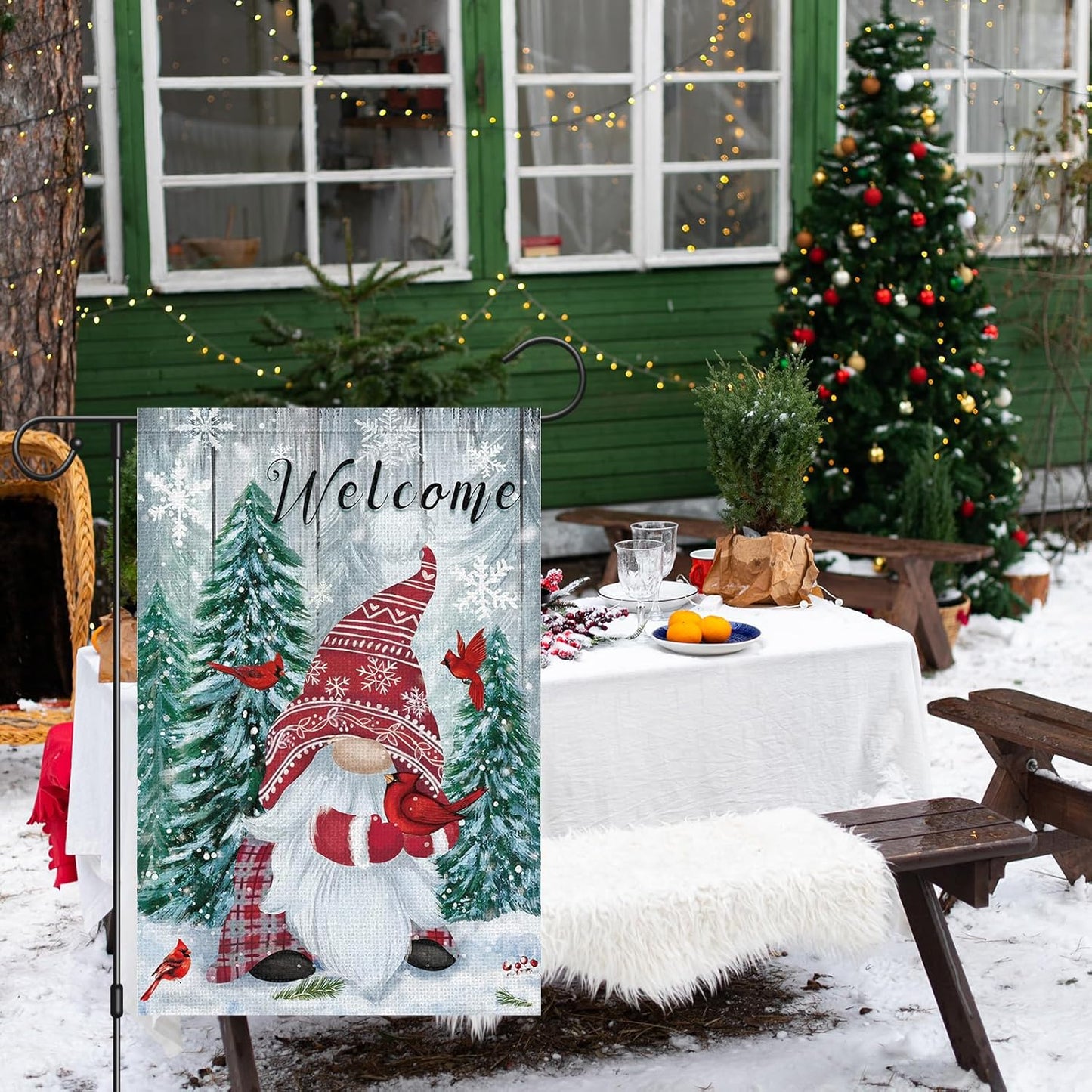 Heyfibro Welcome Christmas Garden Flag Winter Gnome Garden Flags 12x18 Double Sided Burlap Cardinals Snowflakes Snow Garden Yard Flags for Seasonal Outside Outdoor House Decoration (ONLY FLAG)
