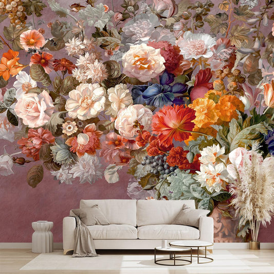 Colorful Floral Leaf Bathroom wallpeper Living Room Bedroom Pink Flower Wall Mural - 137"x96" (Not Peel and Stick)