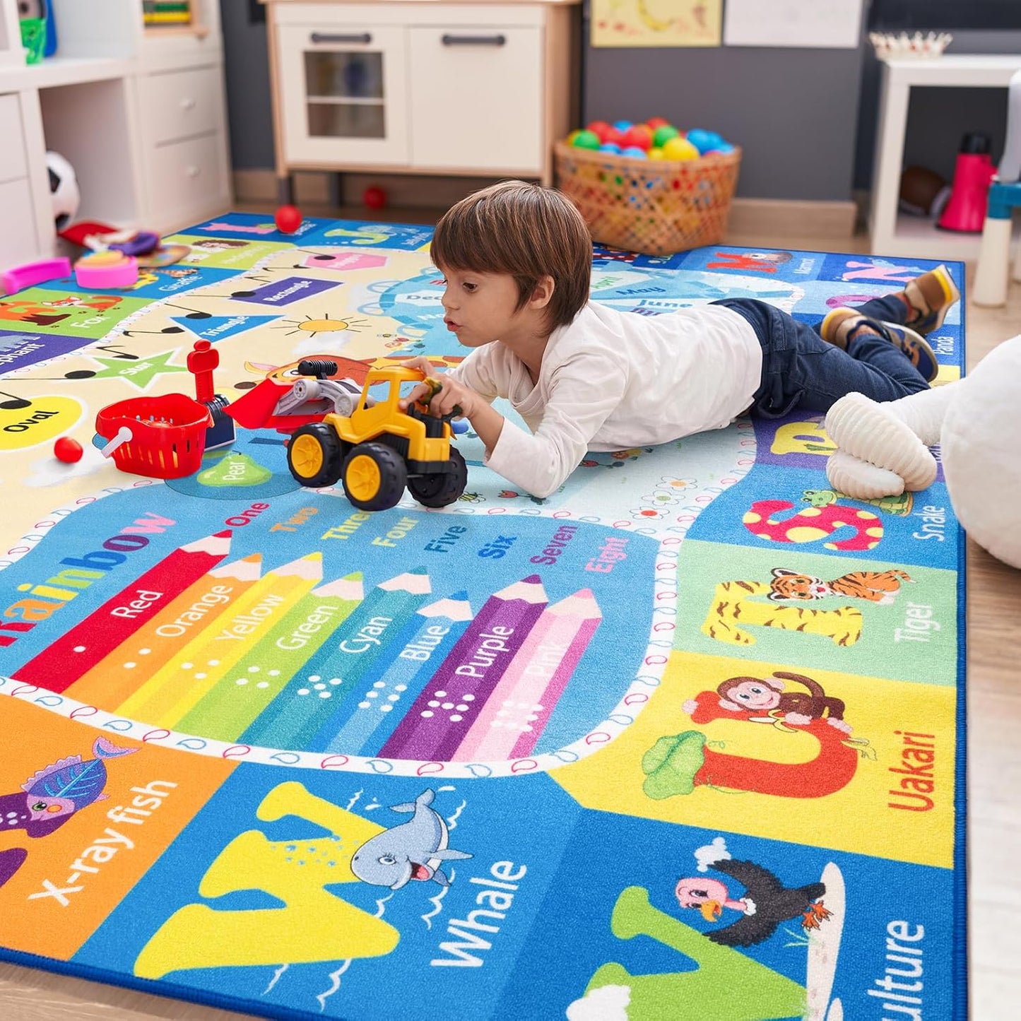 4x6 Playroom Rugs for Kids Washable, Educational and Fun Playmat with ABC Alphabet Animals Shapes Colors, Non-Slip Play Mat Learning Rugs for Baby Toddler Children Game Activity, Blue