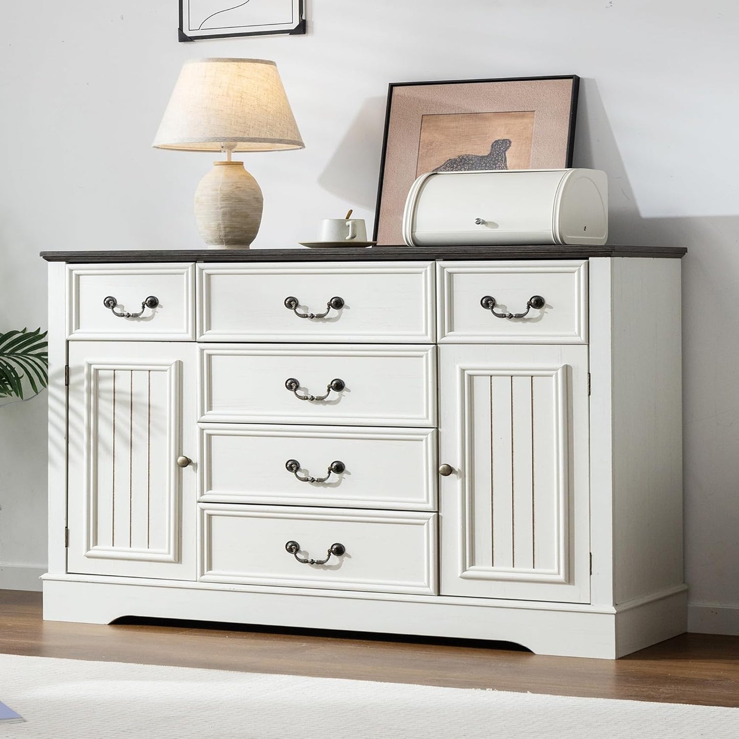 EnHomee White Dresser for Bedroom with 6 Drawer & 2 Doors,Wood Dressers & Chests of Drawers,Farmhouse TV Stand,Entryway,Antique White