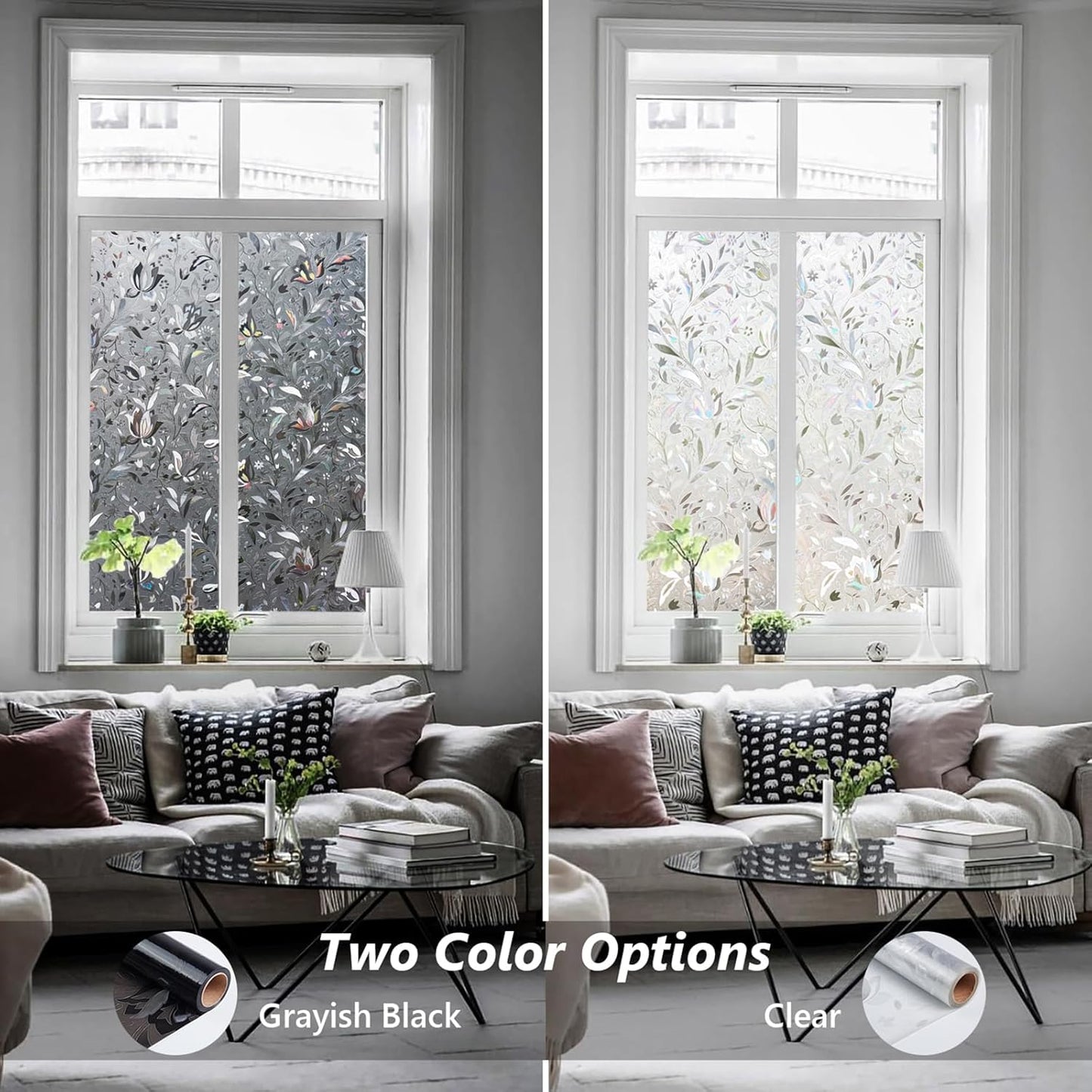 Kromapolis Window Film, Window Privacy Film Frosted, Vinyl Glass Covering, Stained Glass Decorative Film, Static Window Clings, Non-Adhesive (Grayish Black, 23.6 x 78.7 inch)