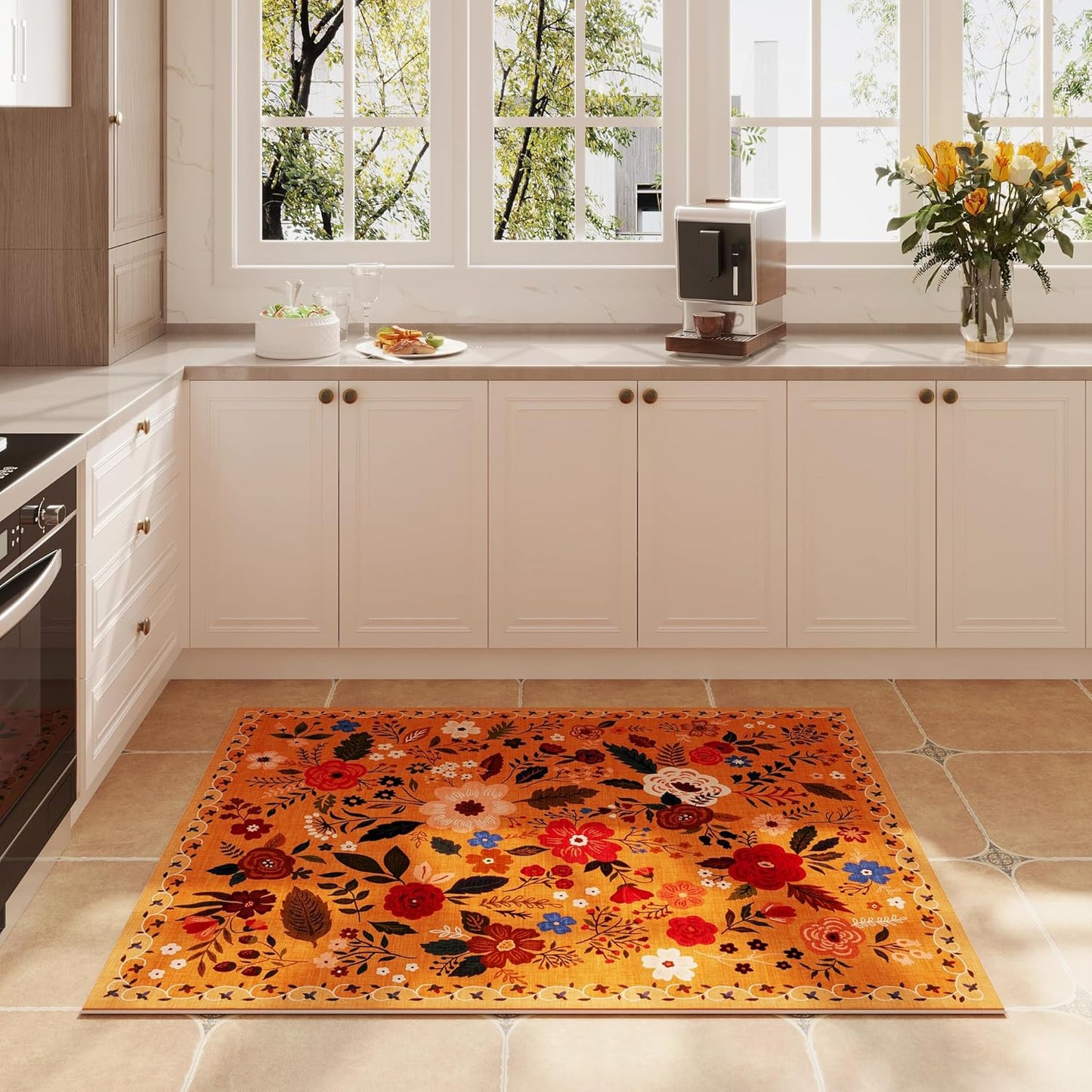 Door Mat Indoor Entrance 2x3 Rug Machine Washable Boho Floral Small Area Rug Non-Slip Low Pile Throw Rugs for Entryway, Kitchen, Front Door Indoor Entrance, Entry, Kids Room (Yellow)