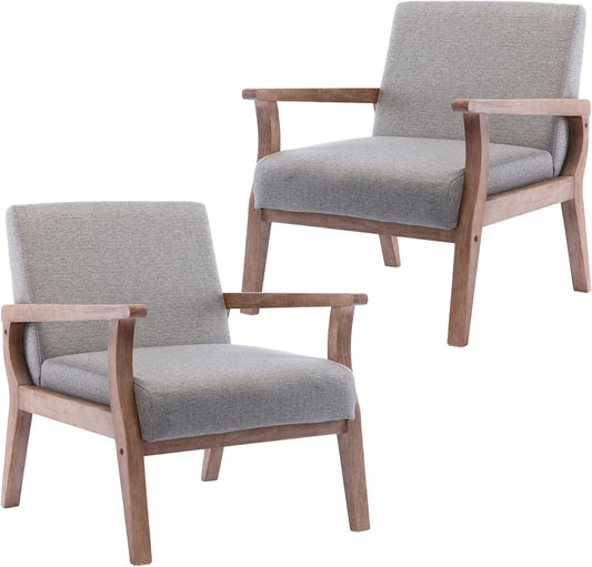 HNY Mid Century Modern Accent Chairs Set of 2 with Wood Frames, Linen Upholstered Living Room Arm Chairs for Living Room, Bedroom, Grey