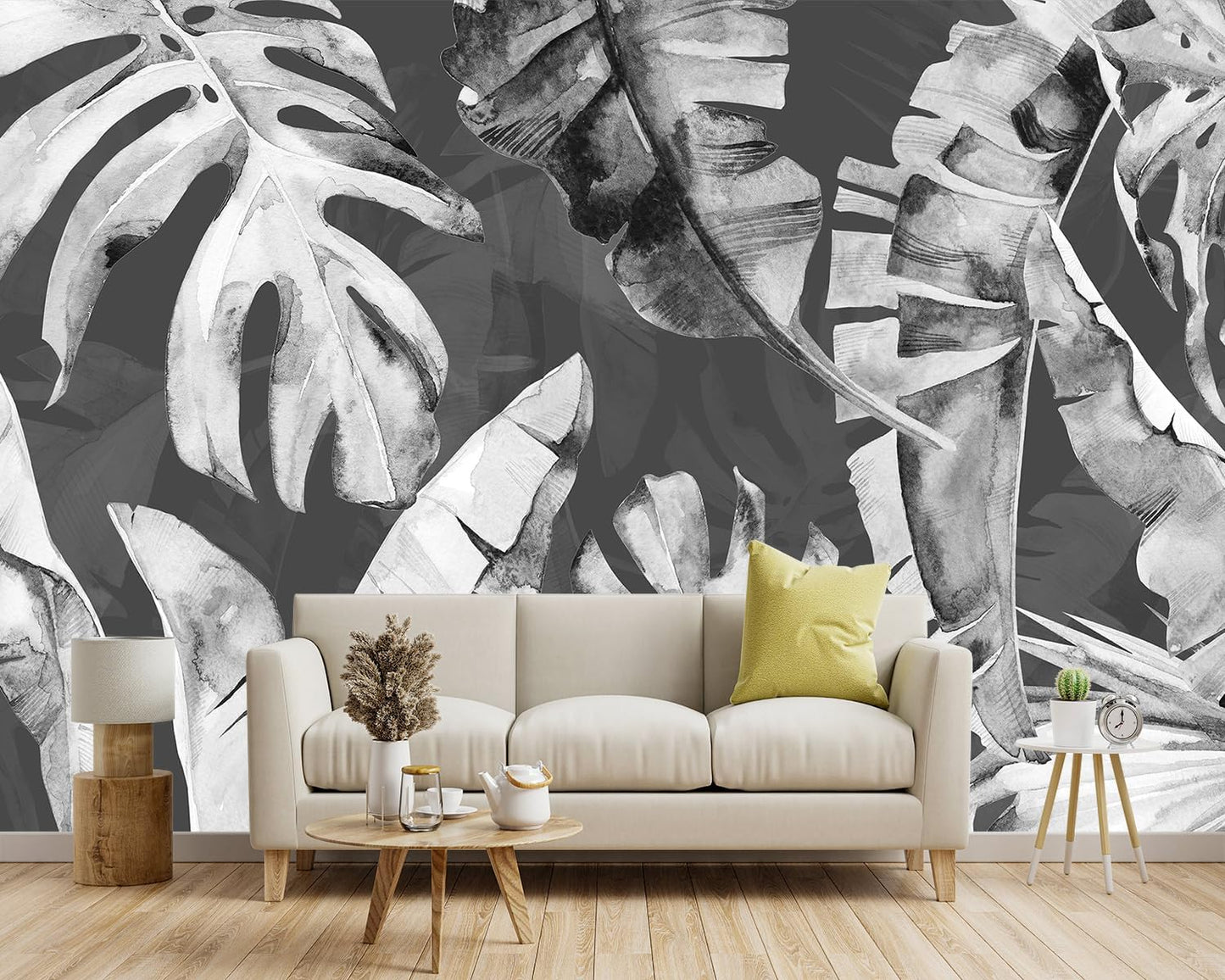 -Tropical Botanical Grey Banana Leaf Fabric Wallpaper Living Room Bedroom Bathroom Plant Large Wall Mural- 137"x96"（ not Peel and Stick）