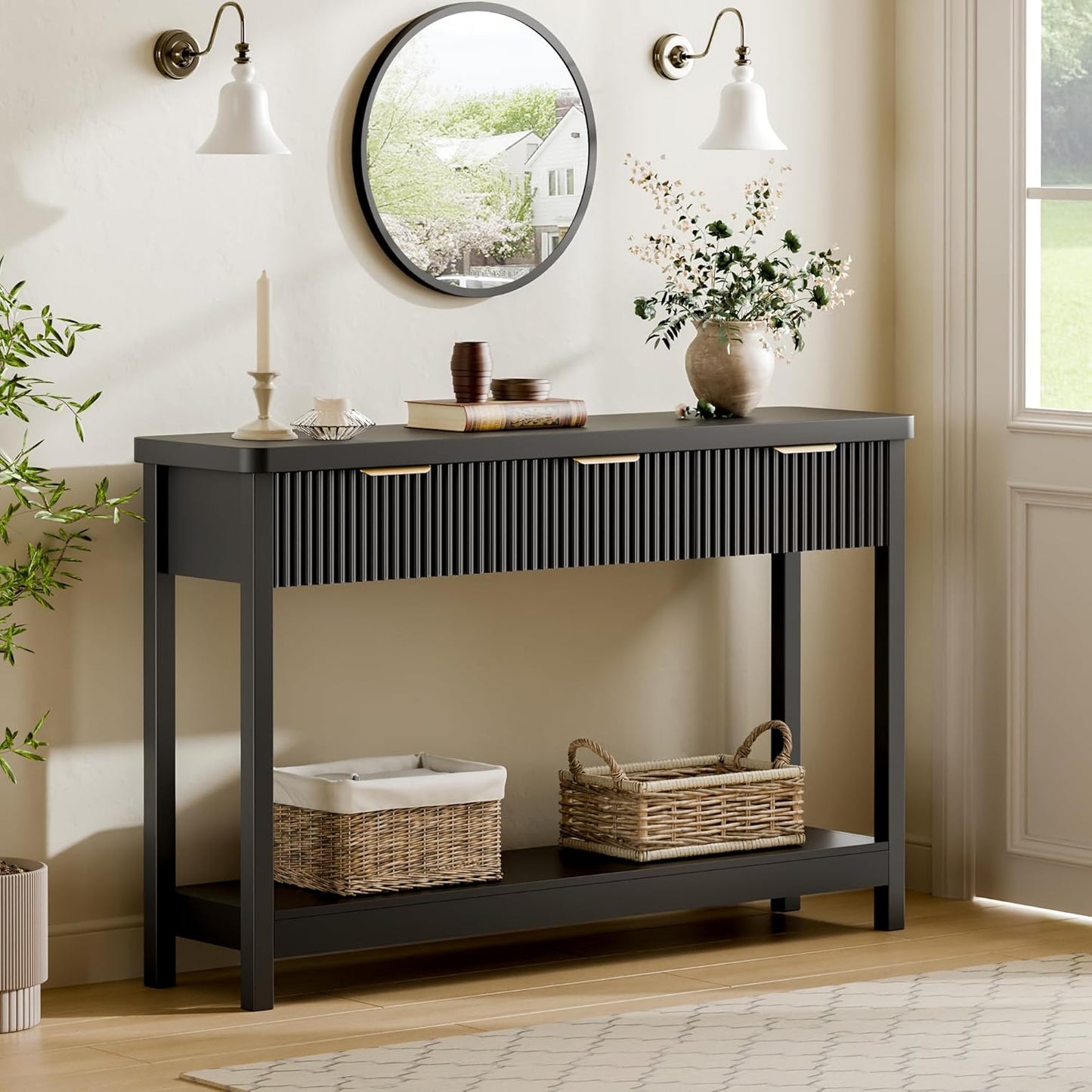 Lulive 51" Fluted Console Table for Entryway, Entryway Table with 3 Wooden Drawers, Farmhouse Behind Sofa Table for Living Room, Hallway, Couch, Foyer
