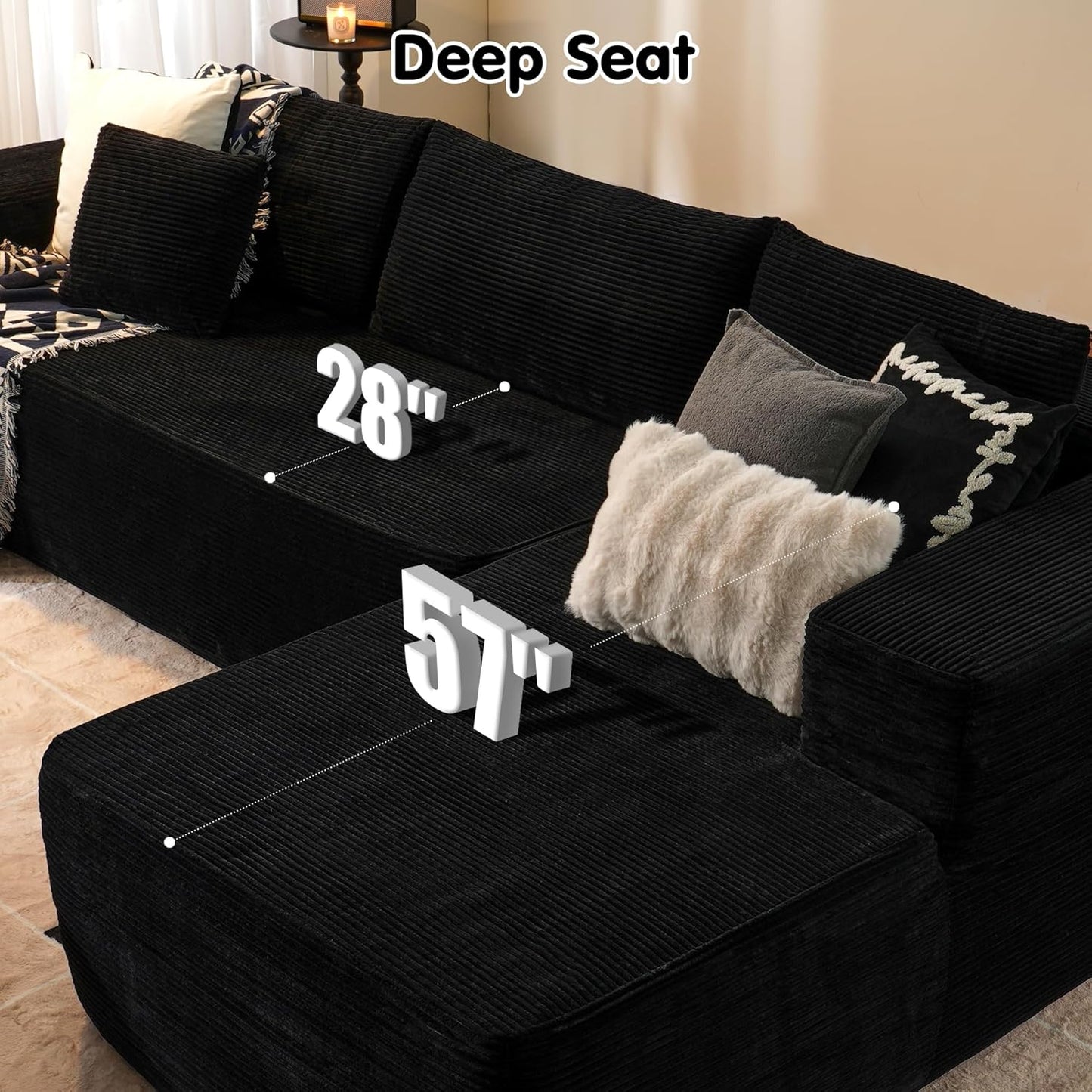 ovios 104" Cloud Sectional Couch with L-Shape Chaise,Modern Modular Sofa with Deep Seat, Upholstered Couches for Living Room Bedroom,No Assembly Required, Black (Corduroy Fabric)